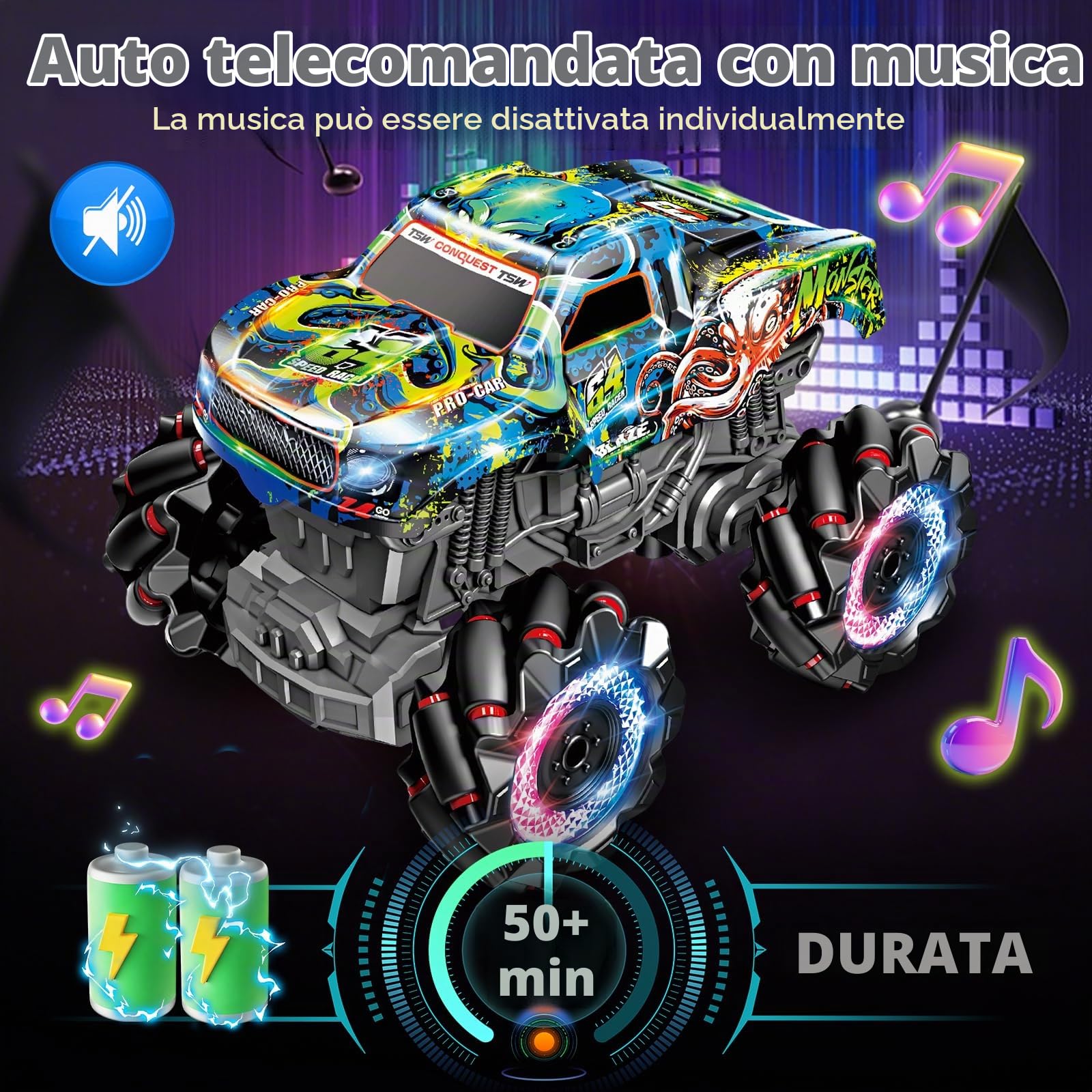 Monster truck telecomandato con luci, musica e rotazione a 360°