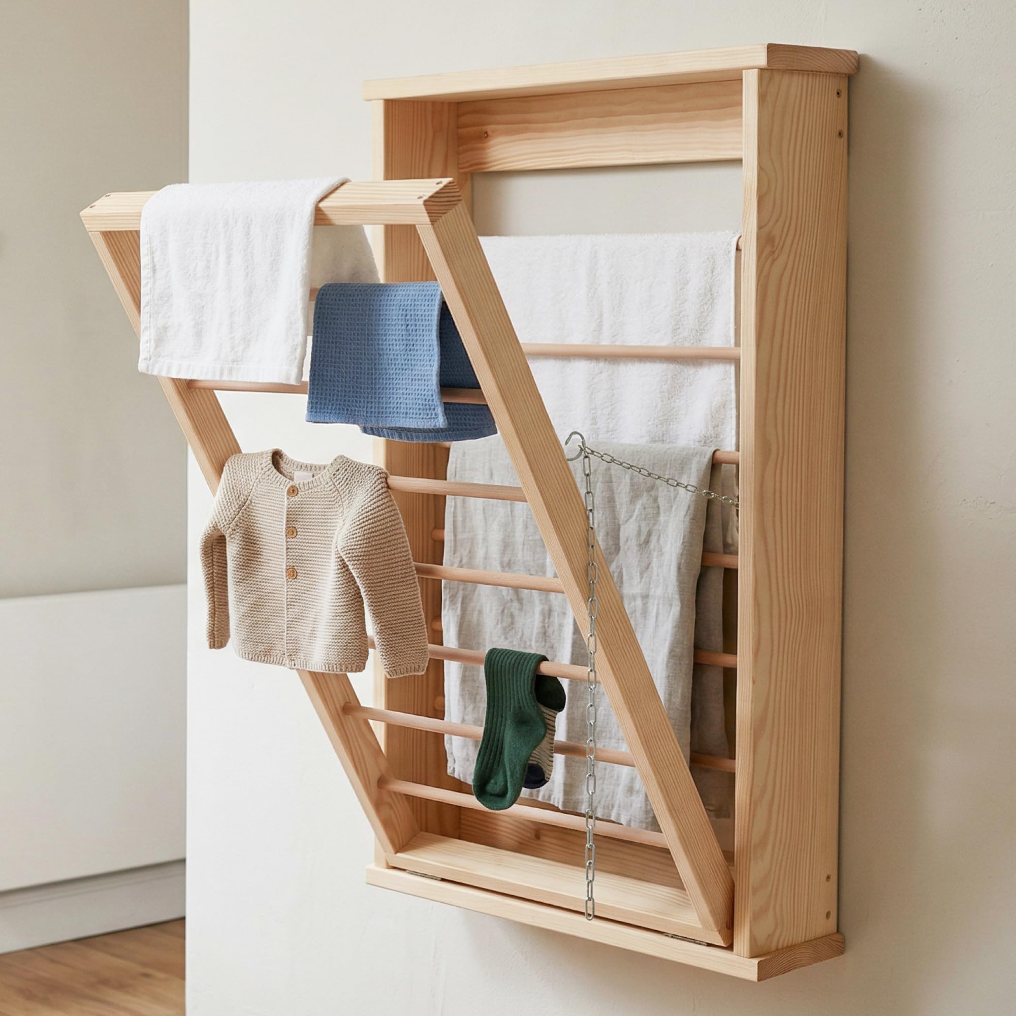 NOVECRAFTO Natural Wood Wall Mounted Drying Rack Clothes With Double Side Rails - Foldable Wall Mounted Clothes Airer 31.4" (80cm) H x 19.3" (50cm) W - Wooden Folding Laundry Airer for Indoor Use