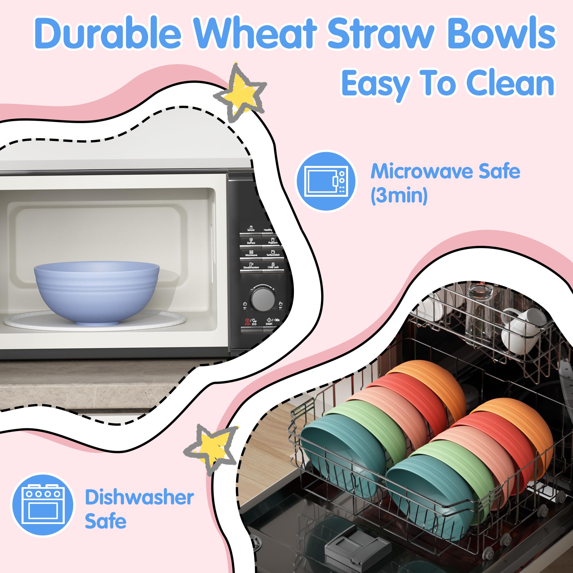Quatish 10 PCS Unbreakable Cereal Bowls,Dishwasher & Microwave Safe Wheat Straw Bowls, Easy-to-Clean Lightweight Desserts & Soup Bowl, Portable for Picnics ,Snack Plastic Bowls Set,Multi-Color - 3