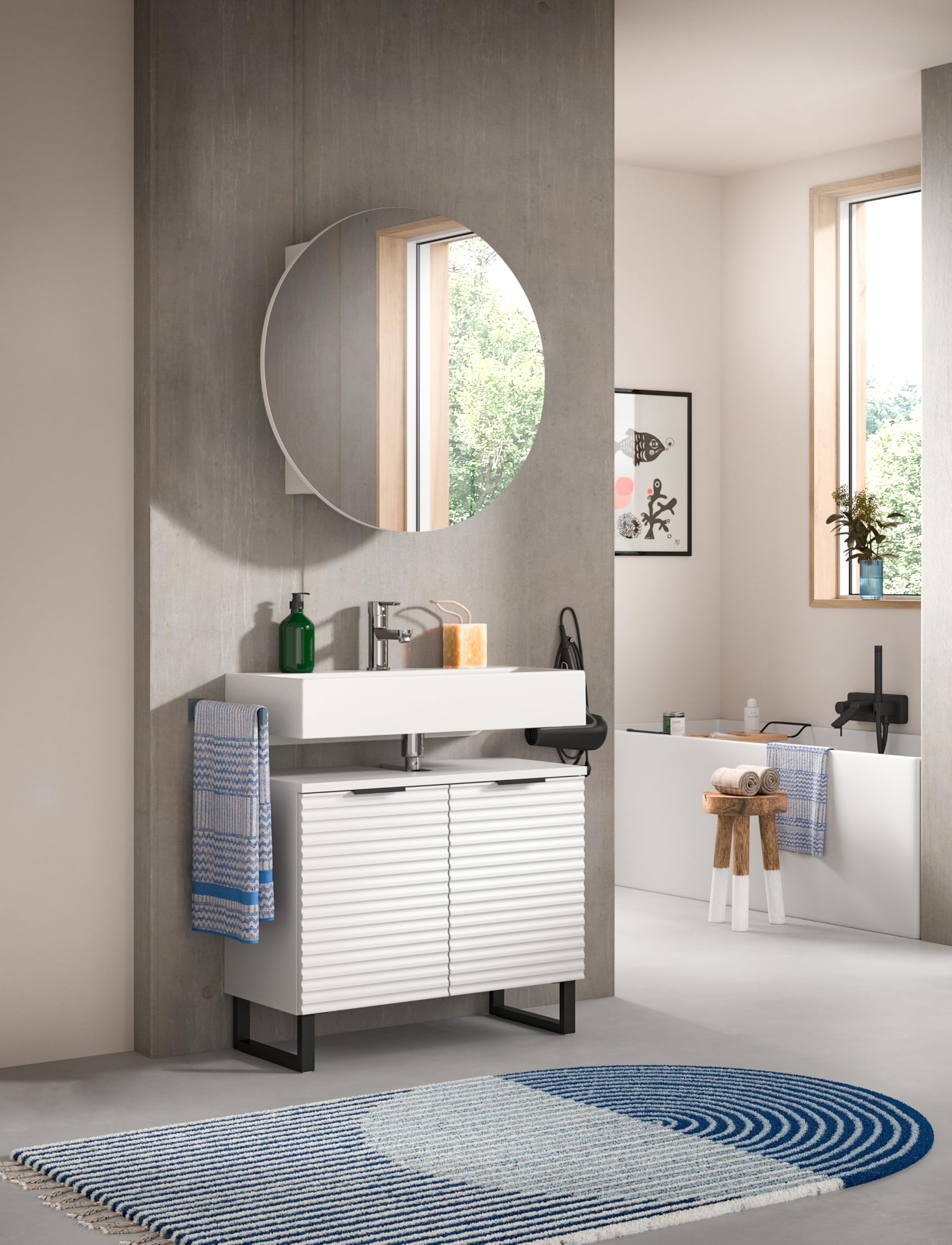 xonox.home Badezimmer Riff 2tlg. Kombination Badmöbel Set kleine Bäder Komplettprogramm Bademöbel-Set in weiß Waschbeckenunterschrank Spiegelschrank rund