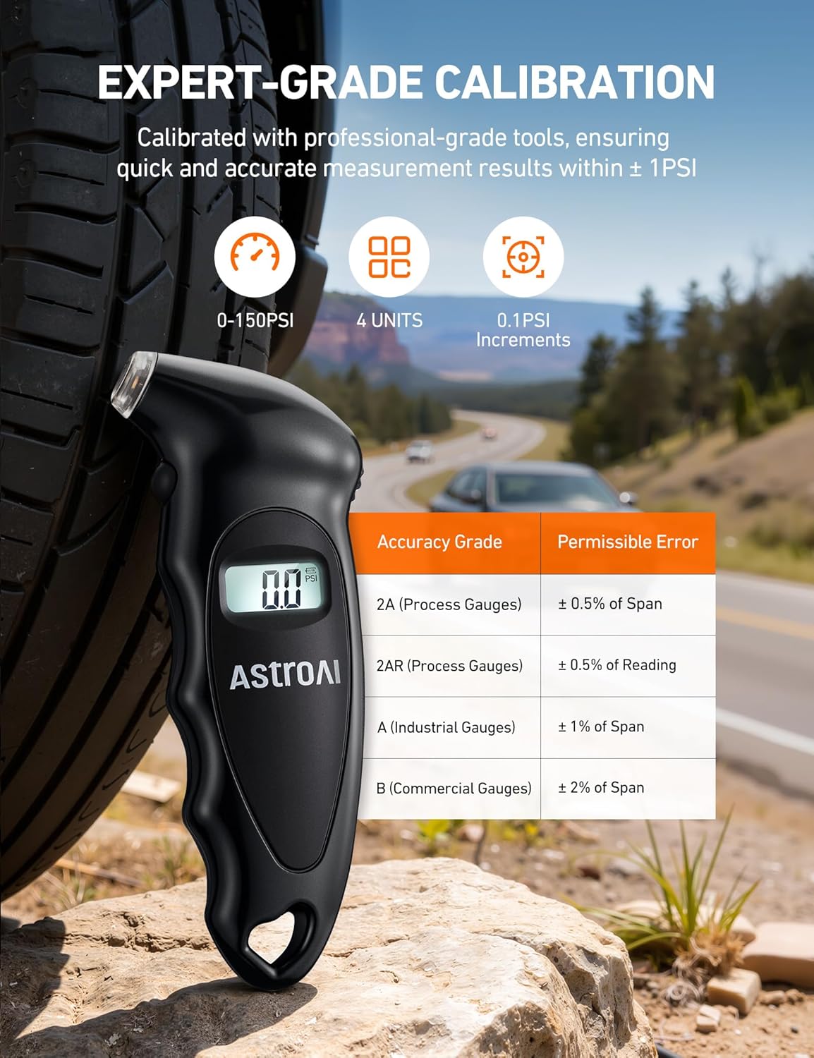 AstroAI Digital Tire Pressure Gauge on a rocky surface next to a car tire, with an infographic detailing its expert-grade calibration, 0-150 PSI range, 4 units, and 0.1 PSI increments, along with an accuracy grade table.