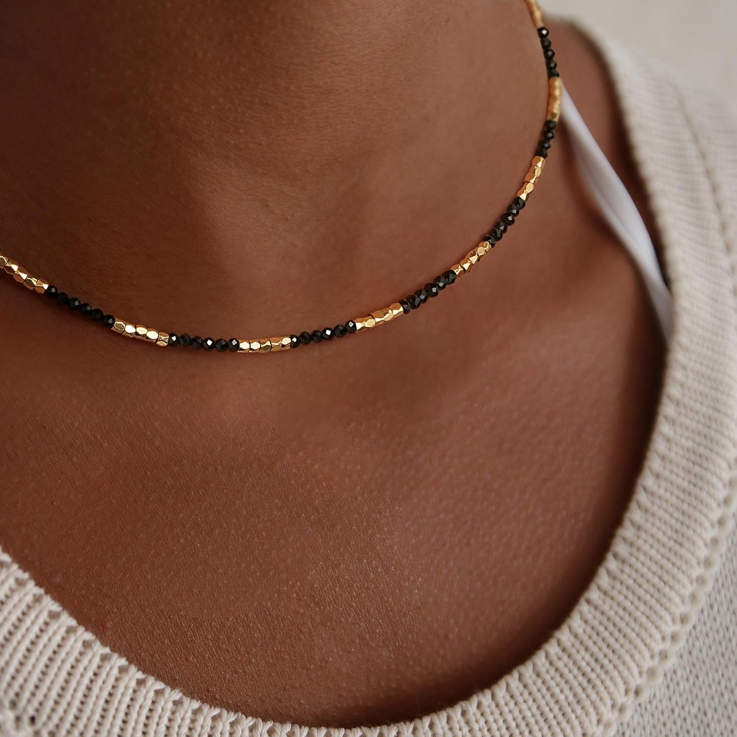 MYEARS Women Beaded Choker Necklace Gemstone 14K Gold Plated Simple Dainty Handmade Chain Everyday Trendy Jewelry - Image 3