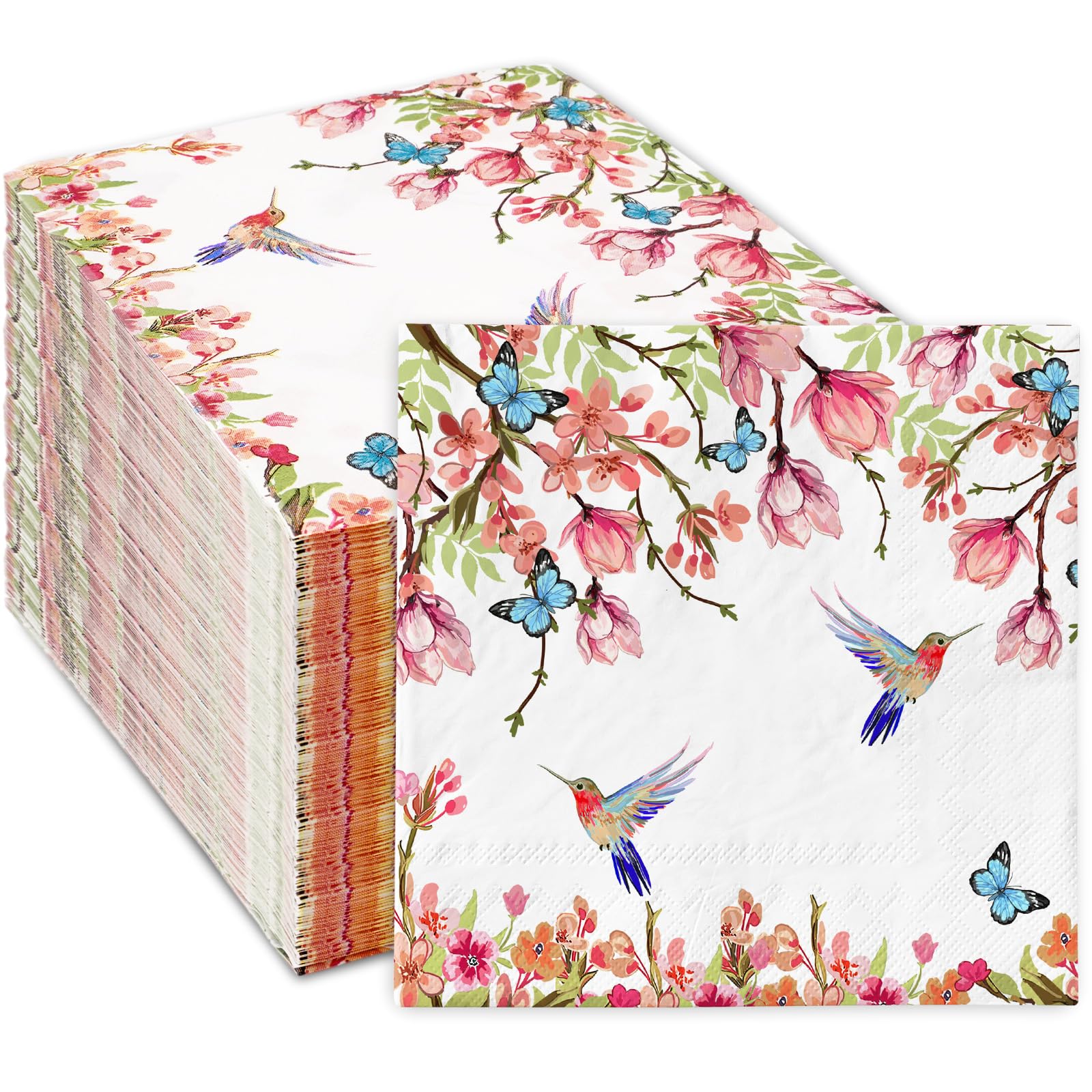 80Pcs Hummingbird Floral Paper Napkins Spring Pink Blossom Butterfly Bird Disposable Luncheon Napkin Flower Dessert Dinner Hand Napkin for Wedding