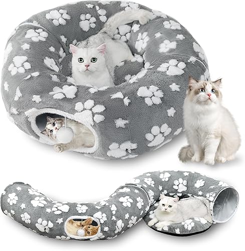 Miniatura 9 de Túnel para Gatos de Interior, Linda Cueva de Gato Peekaboo con Bolas Colgantes, Cama de Túnel de Donut para Mascotas con Alfombra Circular para Pata