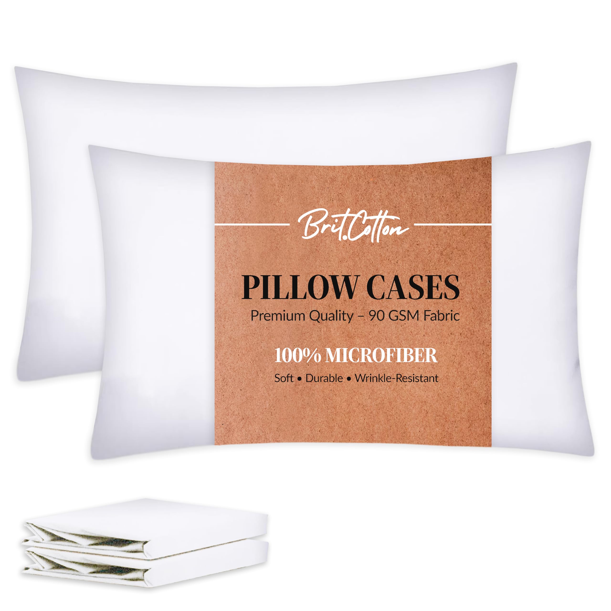 Brit Cotton-White Pillow Cases 2 Pack-1800 Super Soft 100% Brushed Microfibre Pillowcases-Envelope Closure-Non Iron,Breathable,Fade & Stain Resistant - Standard Size (50x75cm) Pillow Covers