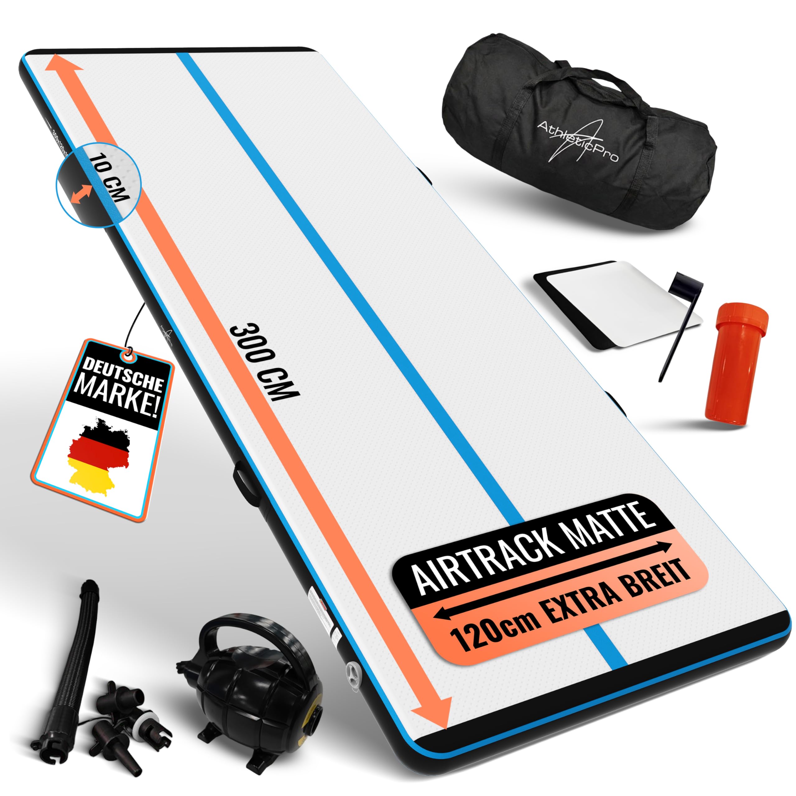 AthleticPro Mata Airtrack [3 m/4 m/5 m długości] 120 cm ekstra szeroka – 10/20 cm wysokości – nadmuchiwana mata gimnastyczna do gimnastyki naziemnej i akrobatyki, w zestawie pompka elektryczna, zestaw