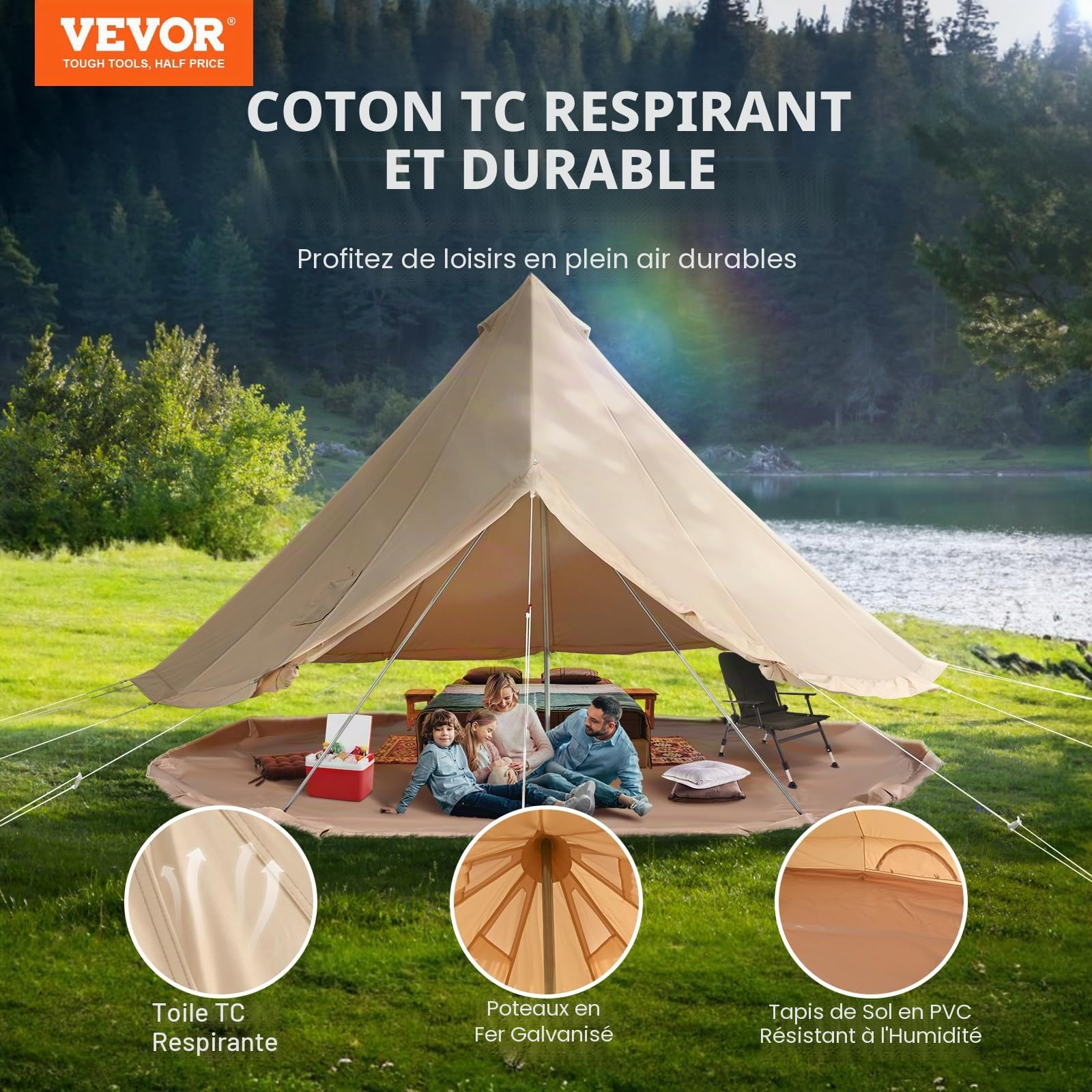 VEVOR Tente Cloche en Toile 4 m de Yourte 4 Saisons pour Camping Familial avec Trou de Poêle à Bois, Sacs de Rangement pour Glamping Jusqu'à 6 Personnes, Groupes en Plein Air, Fête, Chasse