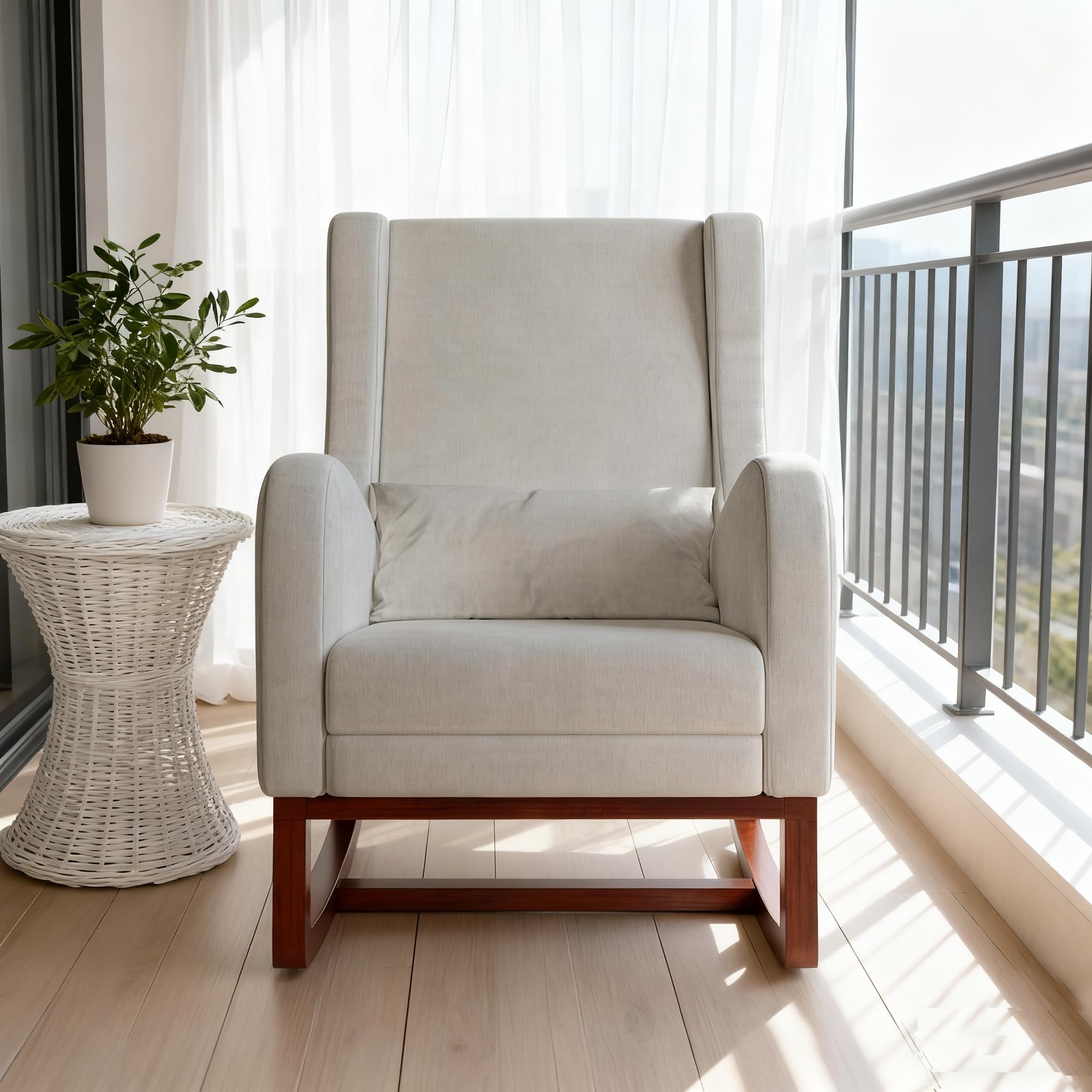 Silla Mecedora con reposabrazos y Bolsillos Laterales, Patas de Madera Maciza, Silla de relajación para Lactancia, Adecuada para Sala de Estar y Dormitorio, con cojín Acolchado (Gris)
