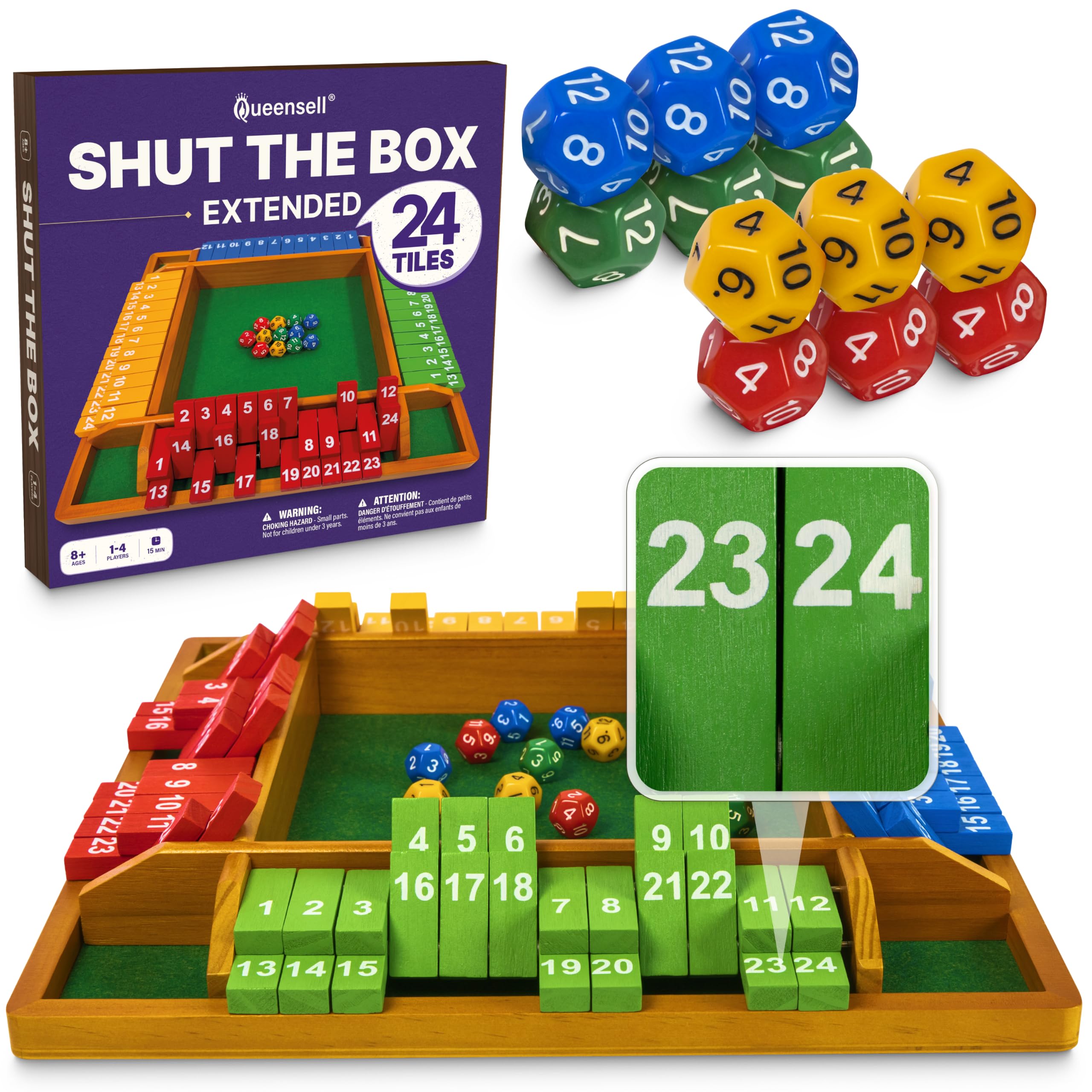 Queensell Shut the Box Game for 4 Players, 24 Numbers - Wooden Board Game with 12 Dice, Colorful Tiles, Felt Surface, Score Pad & Dice Pouch - Math & Strategy Game for Adults, Kids & Family Game Nights — image 1