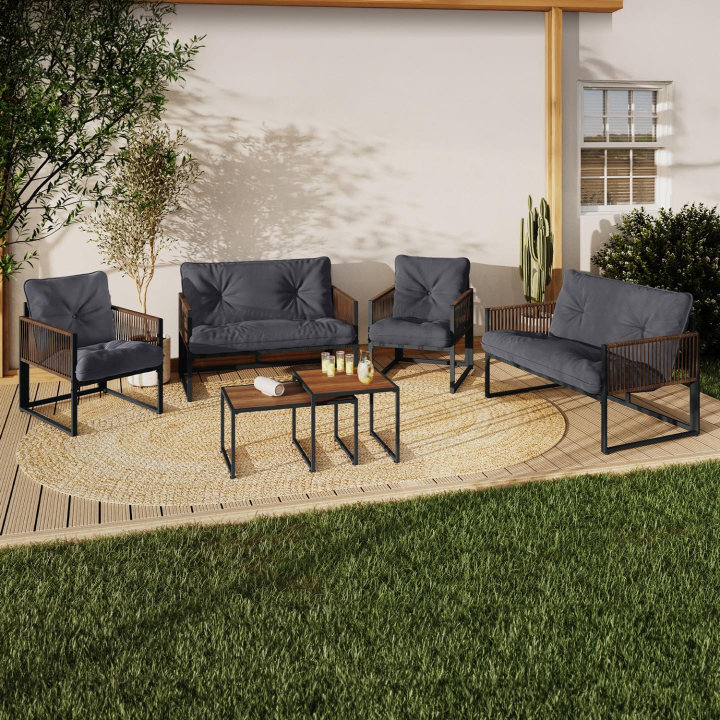 IDMarket - Salon de Jardin Bas Rio 6 Places Structure métal Gris Anthracite, Cordage Effet rotin avec Coussins Gris