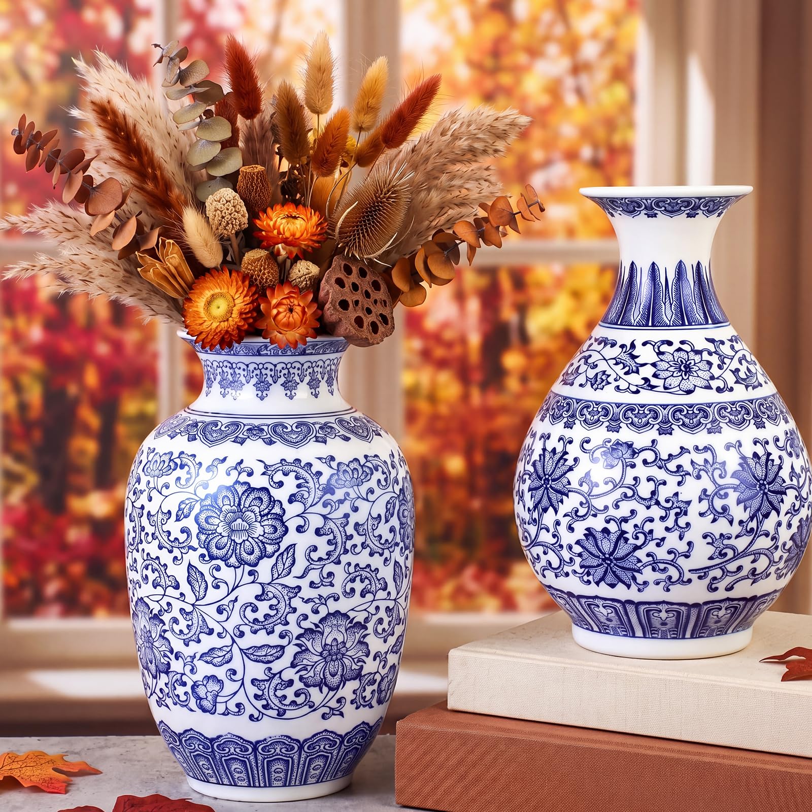 Maxcheck 2 Pack 9'' Blue and White Vase Chinoiserie Ceramic Vase Decorative