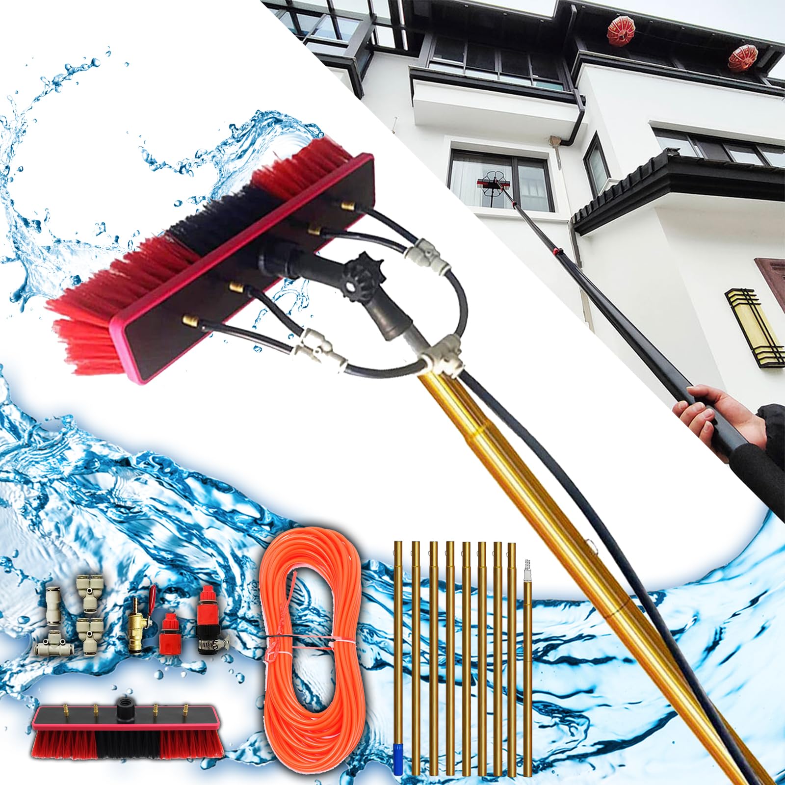 MSHGSKU 14m Teles Window Cleaning Pole with Hose System Solar Panel and Conserva Brush Set for Truc Boats and Cars – Professal Cleaning Equint