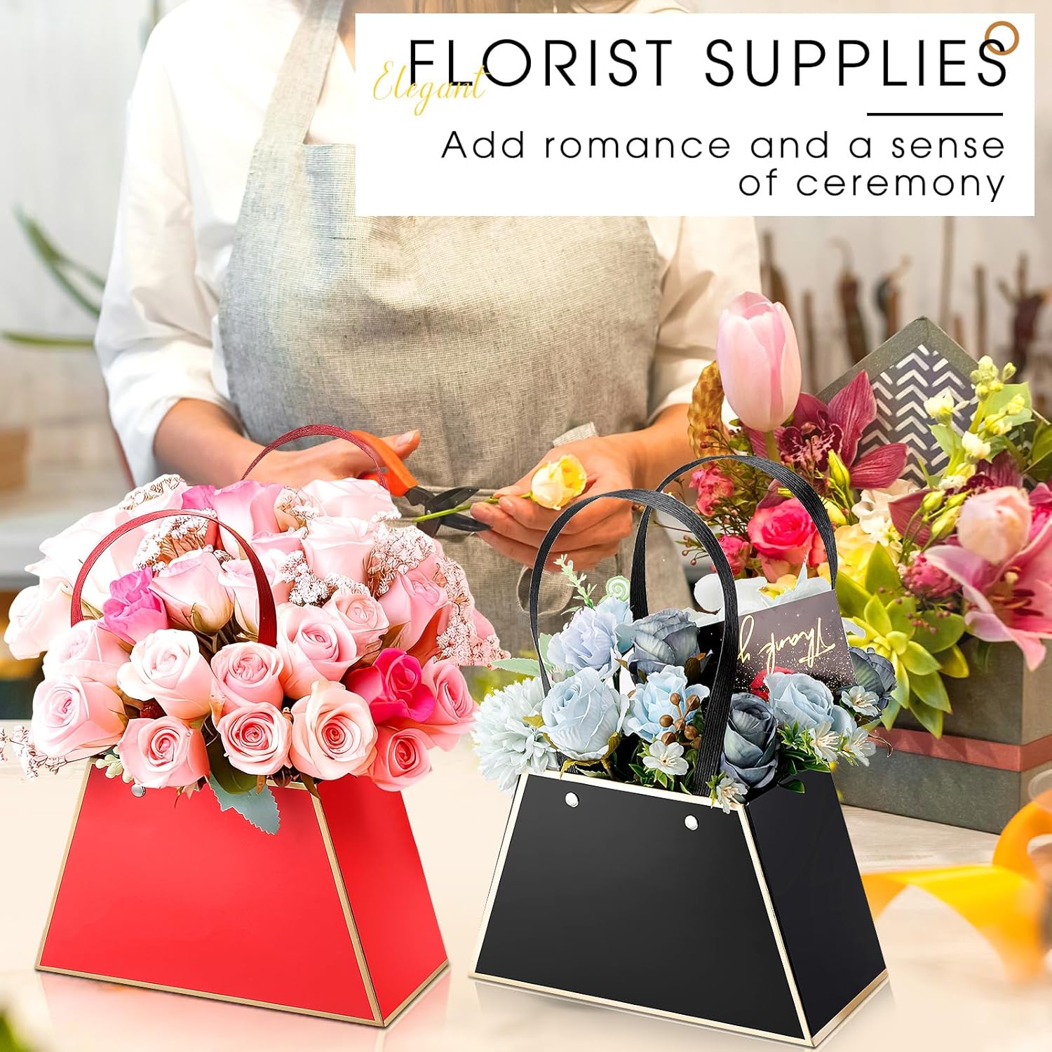 Fuutreo 12 Pcs Valentine's Day Flower Gift Bags for Bouquets Portable Craft Flower Arrangement Boxes with Handle Waterproof Bouquet Florist Packaging Wrap for Wedding Birthday Graduation(Black, Red) - Image 6