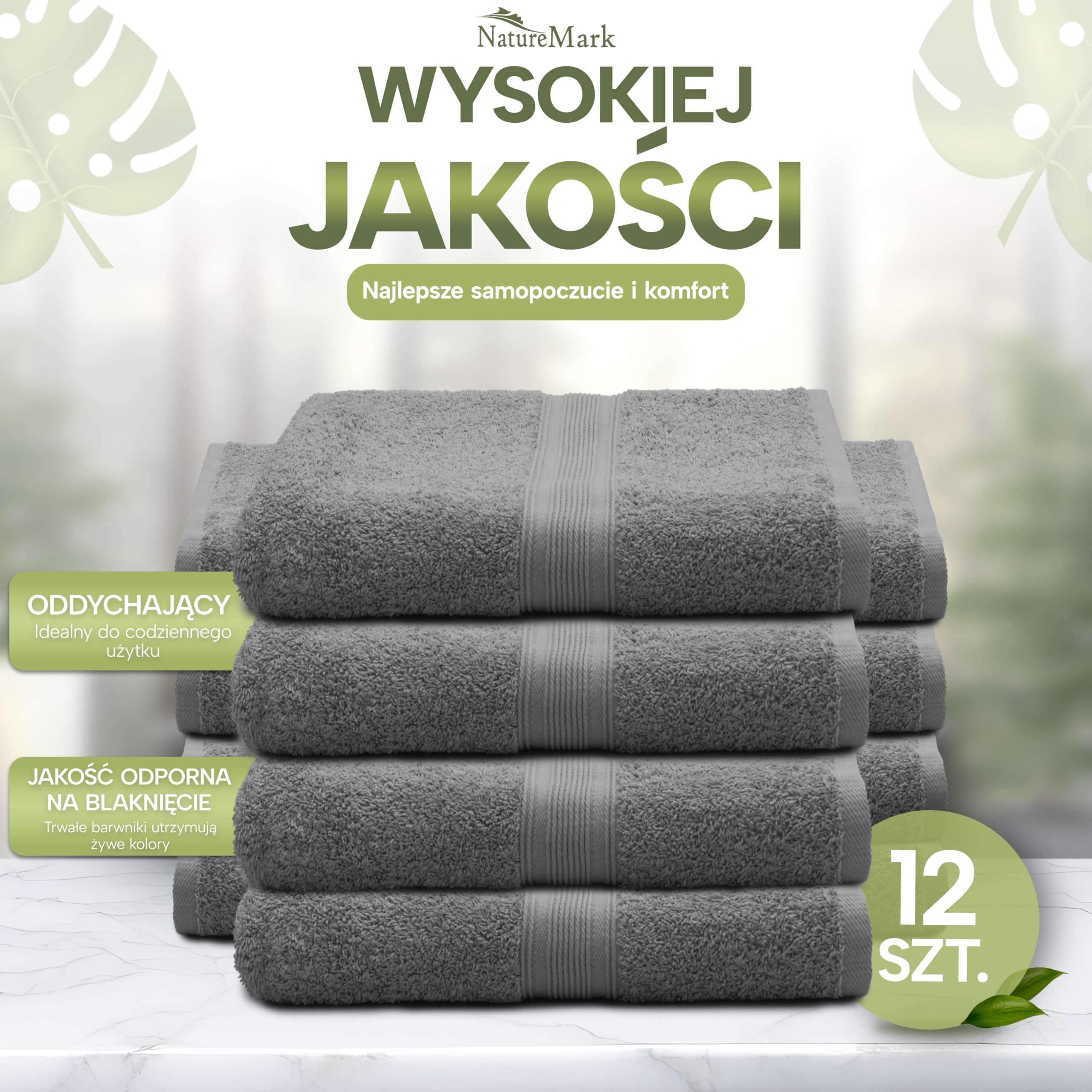 NatureMark Ręczniki gościnne – Zestaw 12 sztuk (30x50 cm), 100% bawełna, certyfikat Oeko-Tex, miękkie, chłonne i łatwe w pielęgnacji – Do łazienki, dla gości i spa – Kolor Antracyt/Szary