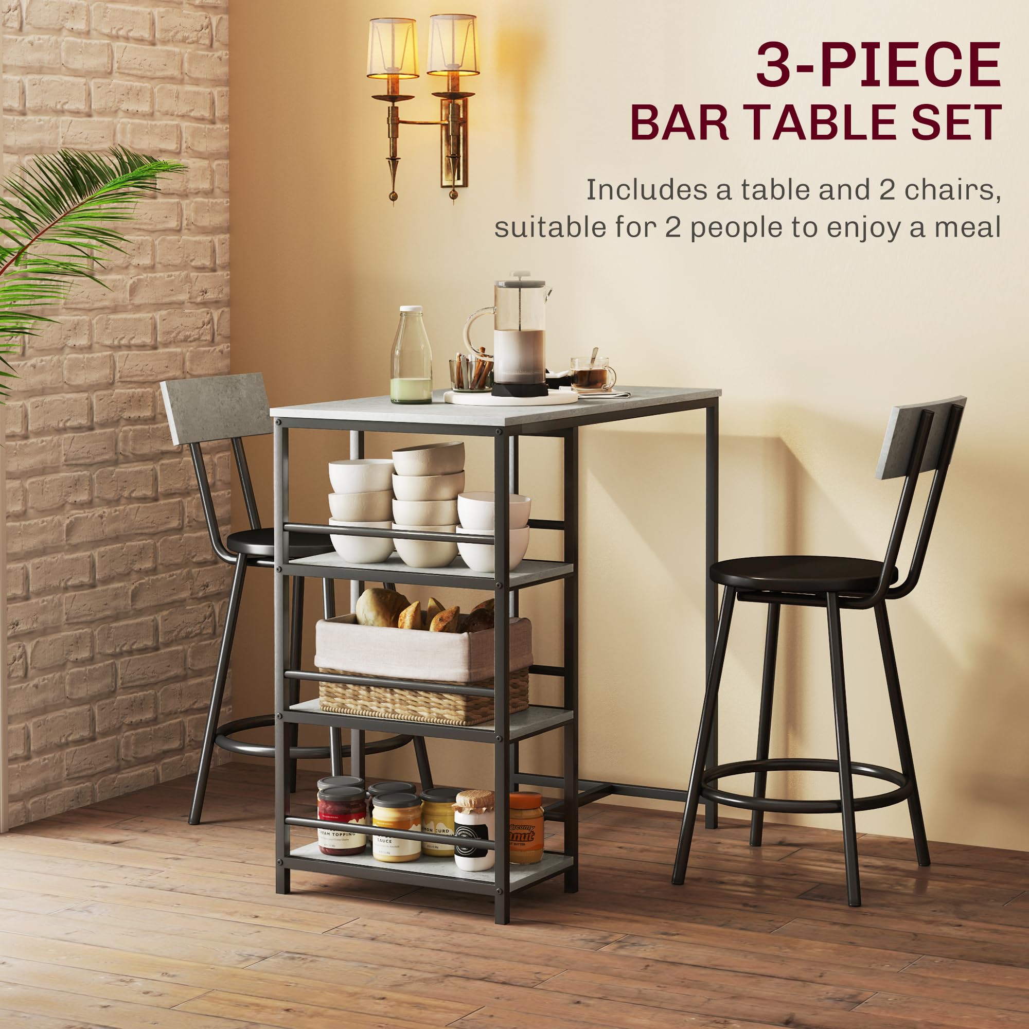 HOMCOM 3-teiliges Frühstücksbar-Tischset, platzsparender Bar-Tisch und PU-Lederhocker für 2, Esstisch-Set mit Ablageflächen, Hellgrau