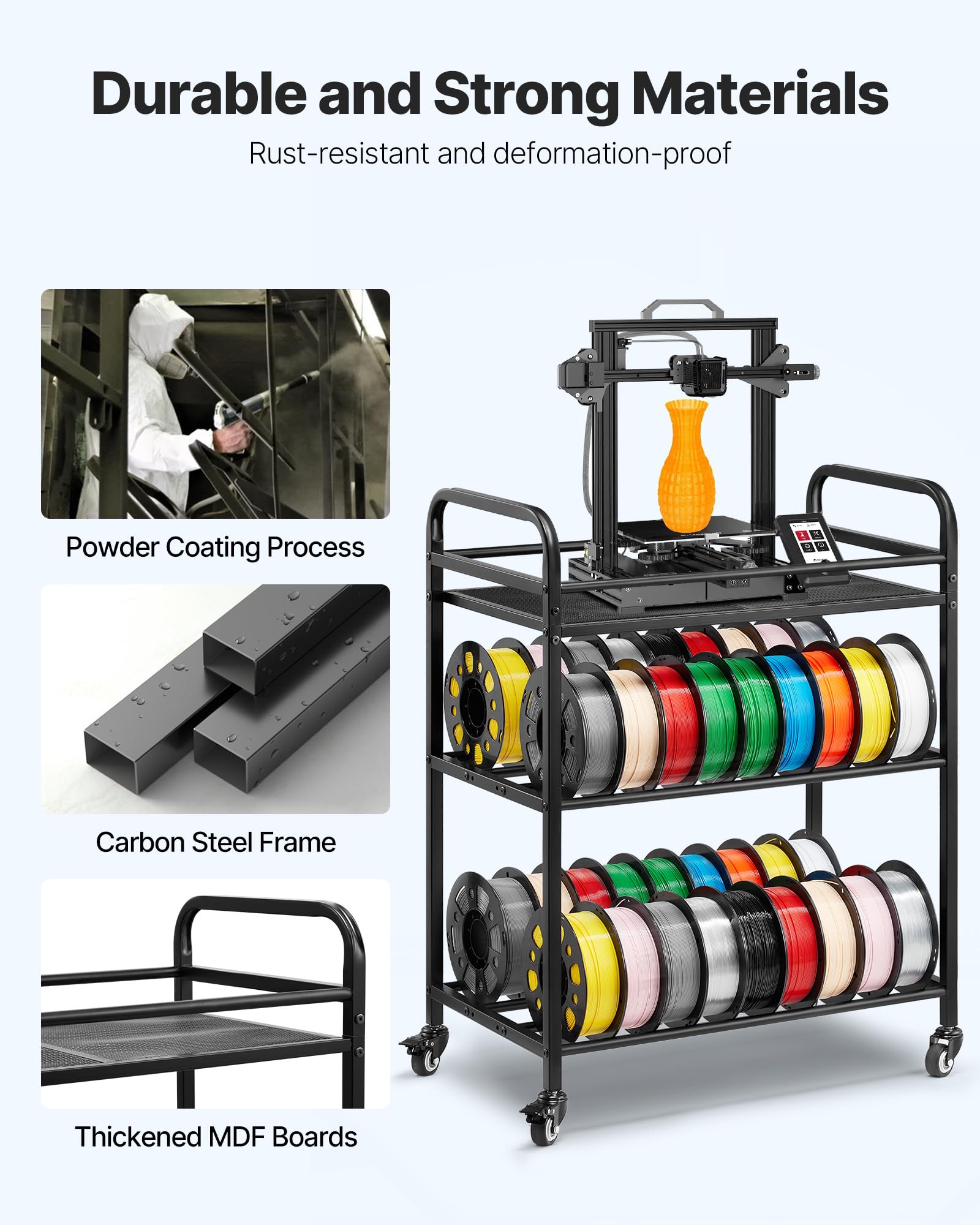 VEVOR Supporto di Stoccaggio per Filamenti 3D da 680 x 400 x 880 mm Ripiano per Filamento per Stampante 3D a 3 Livelli con Ruote, Filamenti Organizzati per Ufficio e Officina, Nero