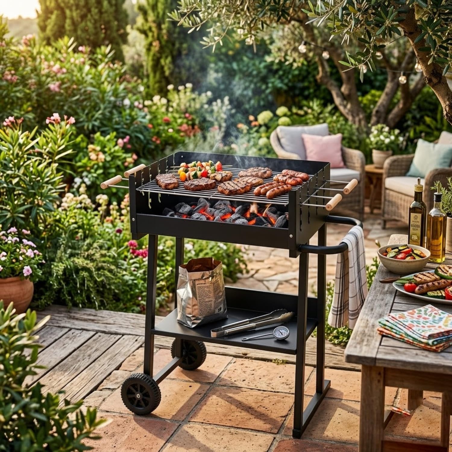 Barbecue A Carbone Con Griglia Regolabile In Altezza Telaio In Acciaio Resistente Al Calore Ripiano Inferiore Porta Accessori E Ruote Per Giardino Terrazzo Picnic 87 x 52 x 90 Cm Nero