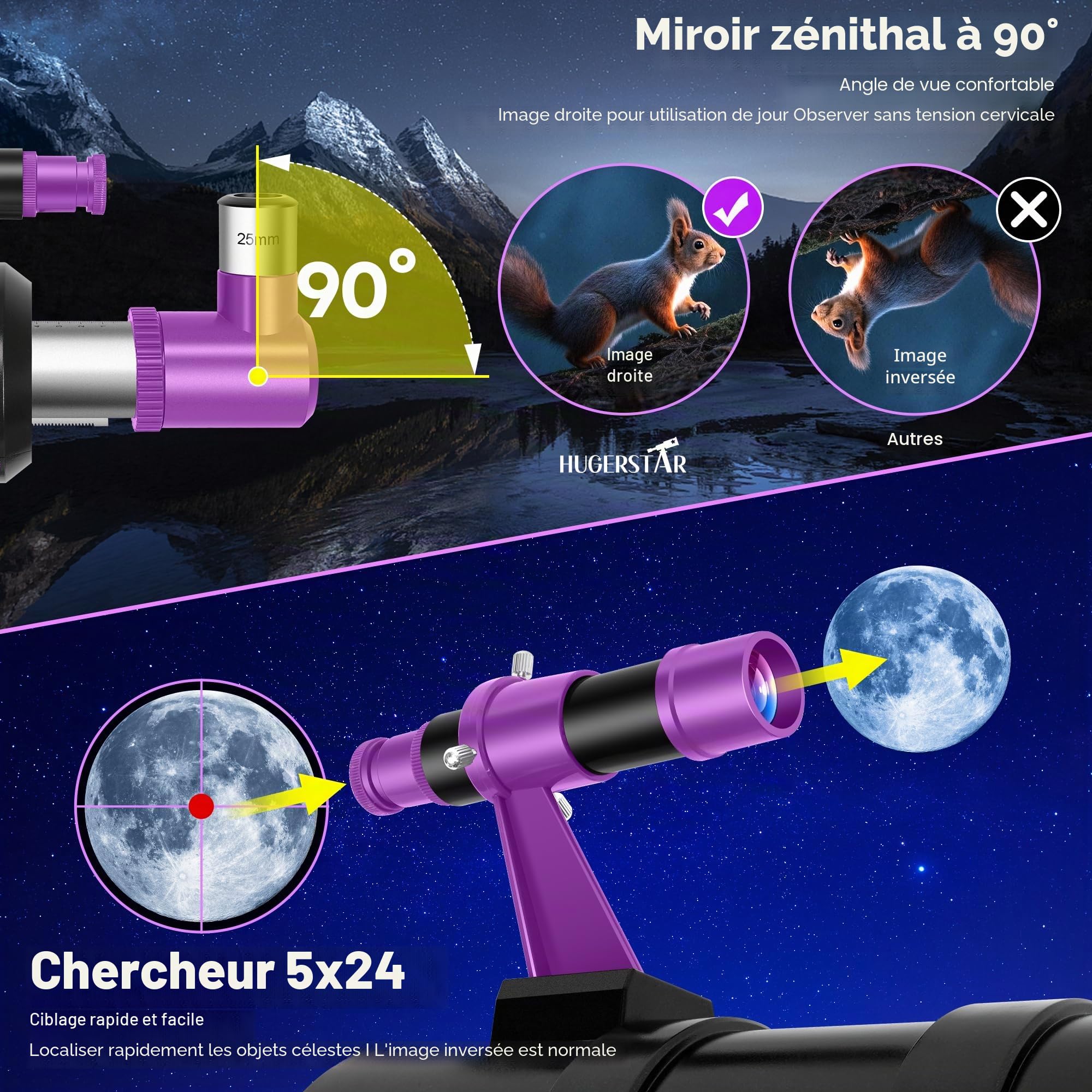 Télescope Astronomique Professionnel pour Adultes et Enfants Débutants, 90/550 mm Télescope Réfracteur Portable avec Trépied, Filtre Lunaire, Adaptateur de Téléphone & Sac de Transport