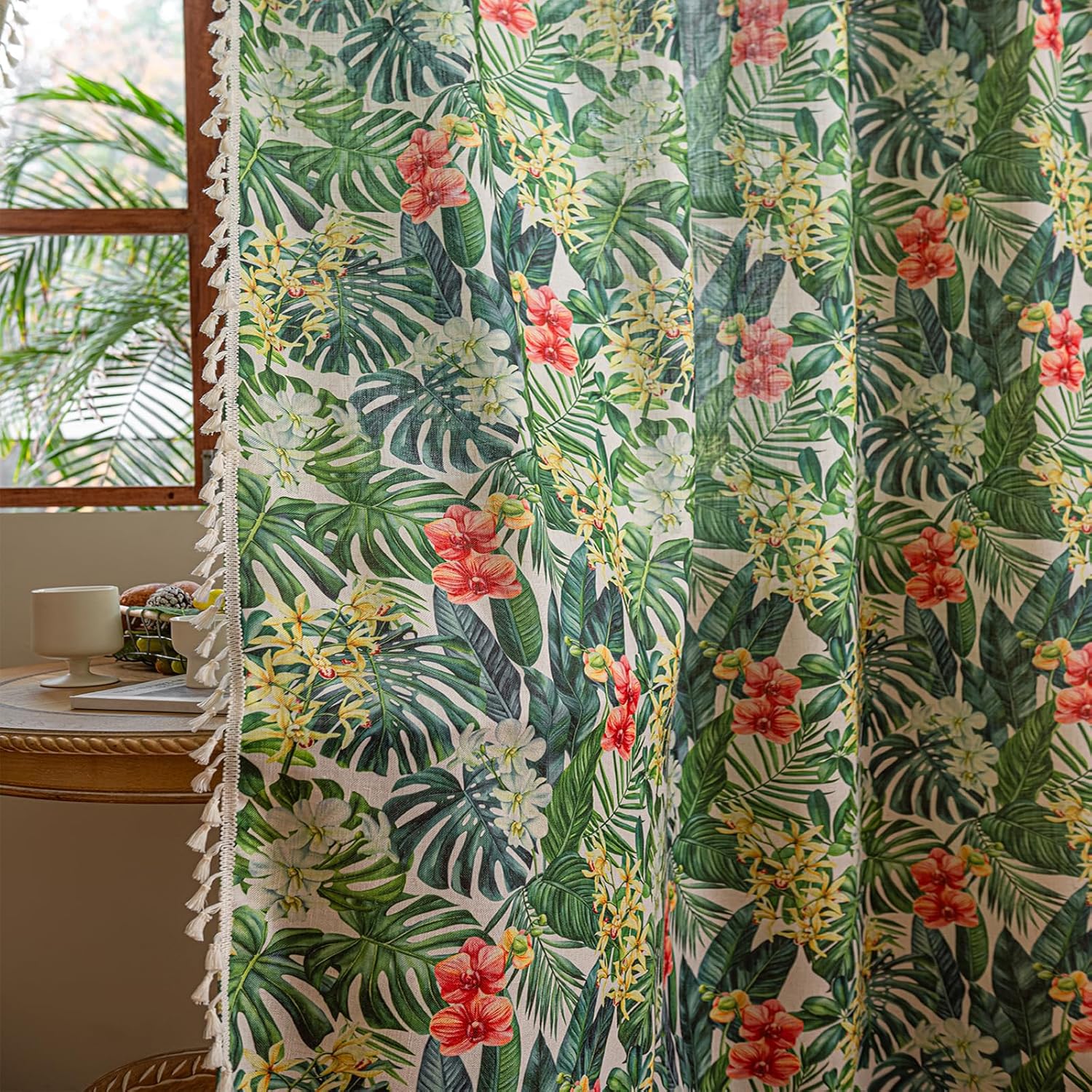 Deeprove Boho Curtains 2 Panels for Bedroom Living Room 84 inches Long Bohemian Light-Filtering Linen Look Leaf Floral Print Farmhouse Aesthetics Privacy Vintage Chic Window Decor 52W x 84L