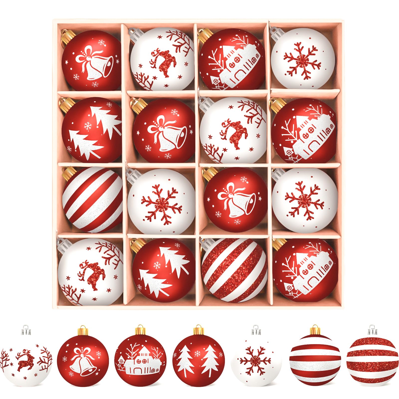 Bolas Arbol de Navidad Blancas y Rojas Adornos Arbol Navidad, 16 PCS Bolas de Navidad, Decoracion Arbol'Navidad, Bolas plástico de 6 cm con Gancho, 7 Tipos de Modelos