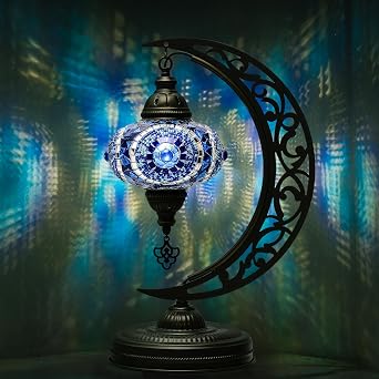 Turkish Lamp, Unique Lamps, Moon Shaped Mosaic Table Lamp, Moroccan Handmade Antique Bohemian Vintage Lamp Shade, Tiffany Desk Bedside Stained Glass Lamp with US Plug and E12 Socket