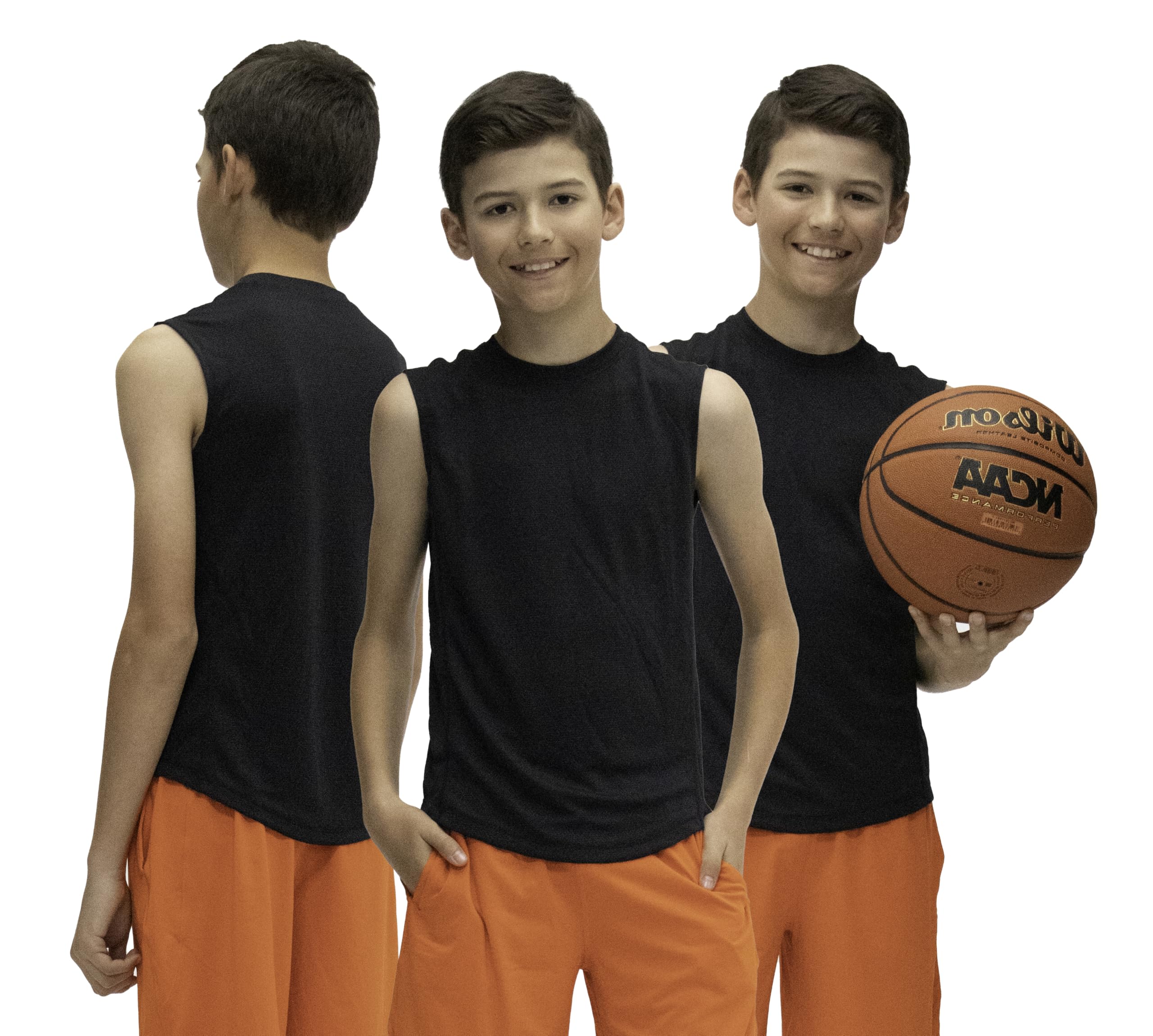 KISTA3 Pack Kid's & Boys Sleeveless Workout Shirts, Dry Fit Running Mesh Cutoff Shirts, Athletic Training Tank Tops