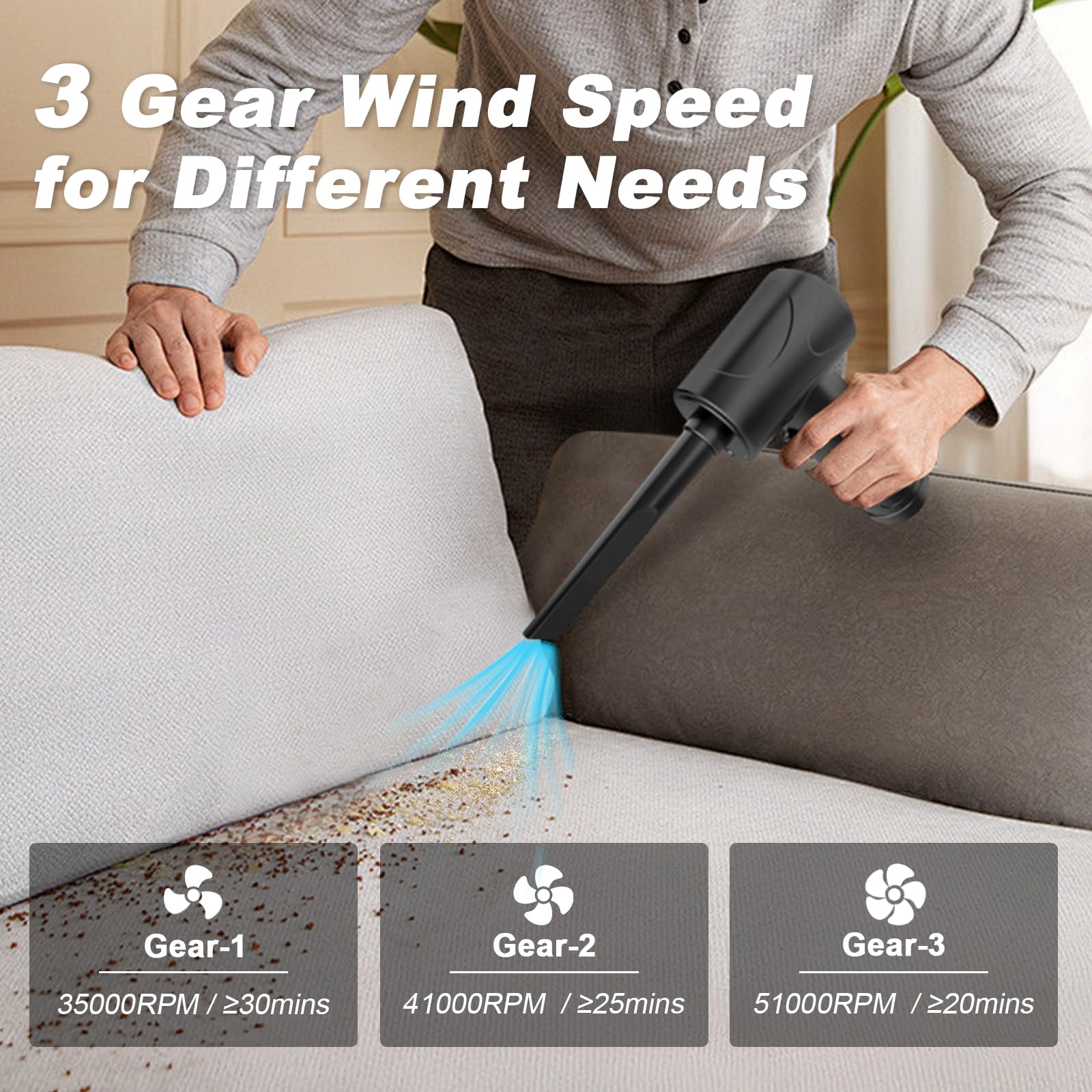 Portable Air Blower, Compressed Air Duster 3 Gear 51000RPM 6000mAh Rechargeable Cordless Electric Air Duster with LED Light & Air Pump for Computer Laptop PC Keyboard PS5 -Replace Compressed Air Can