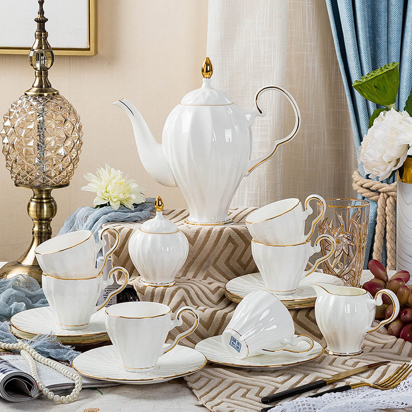 zestaw do herbaty Zestaw do herbaty dla dorosłych Porcelana Kawa Herbata Zestawy upominkowe Filiżanki i dla 6 osób z ceramicznym czajnikiem i cukiernicą
