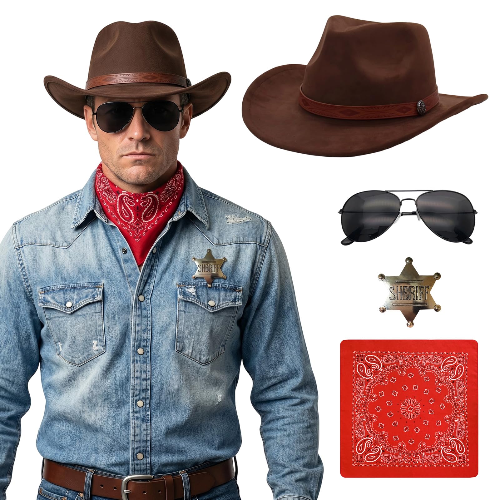 Formemory Cowboy Hats for Men Women,4Pcs Cowboy Costume Set with Cowboy Hat Sunglasses Brooch Red Printed Headscarf for Men, Women, Adults Halloween Western Theme Party