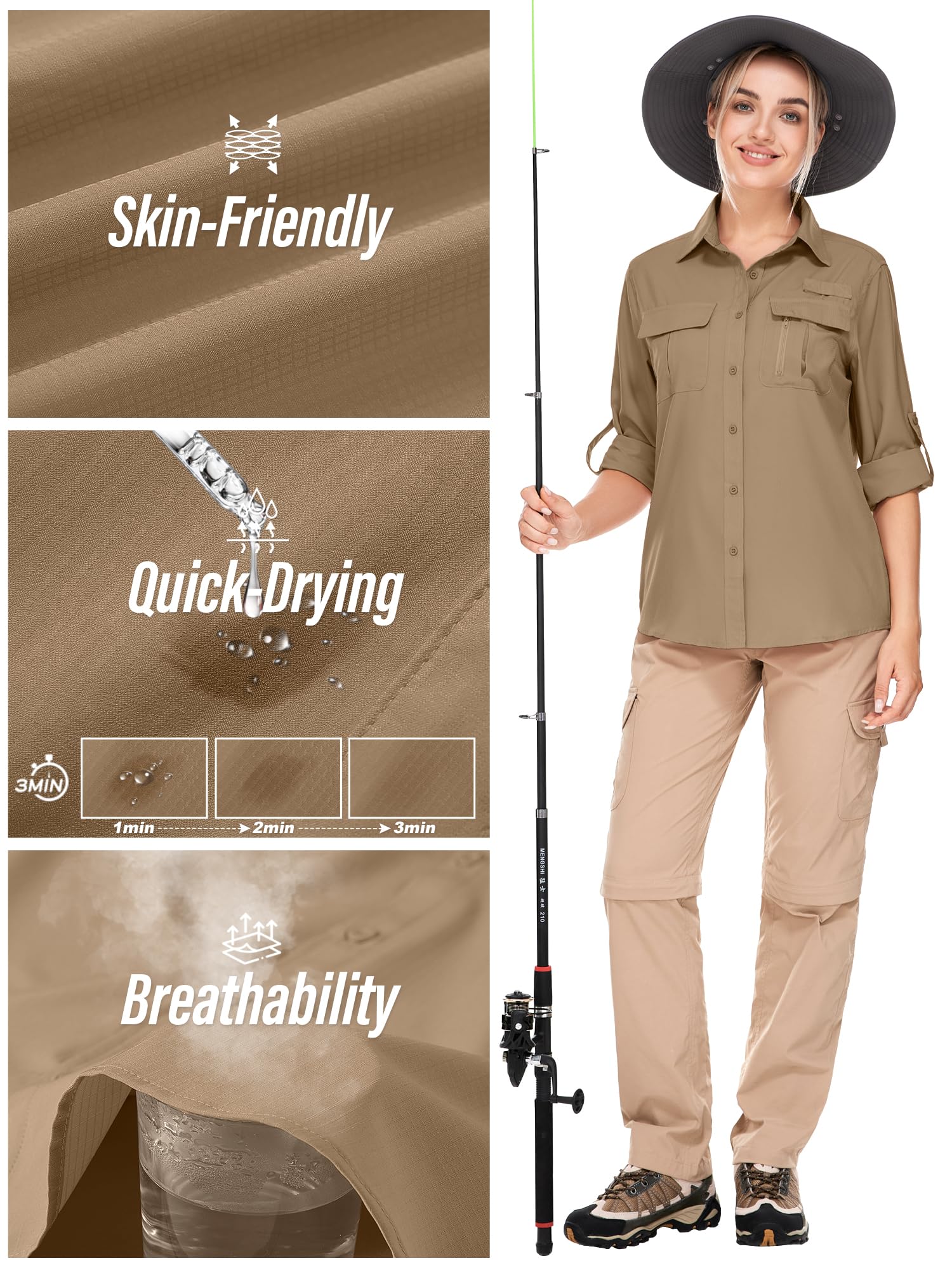 Toumett LSF 50 Damen-Safari-Shirt, langärmelig, UV-Schutz, schnell trocknend, Angeln, Wandern, Reisen