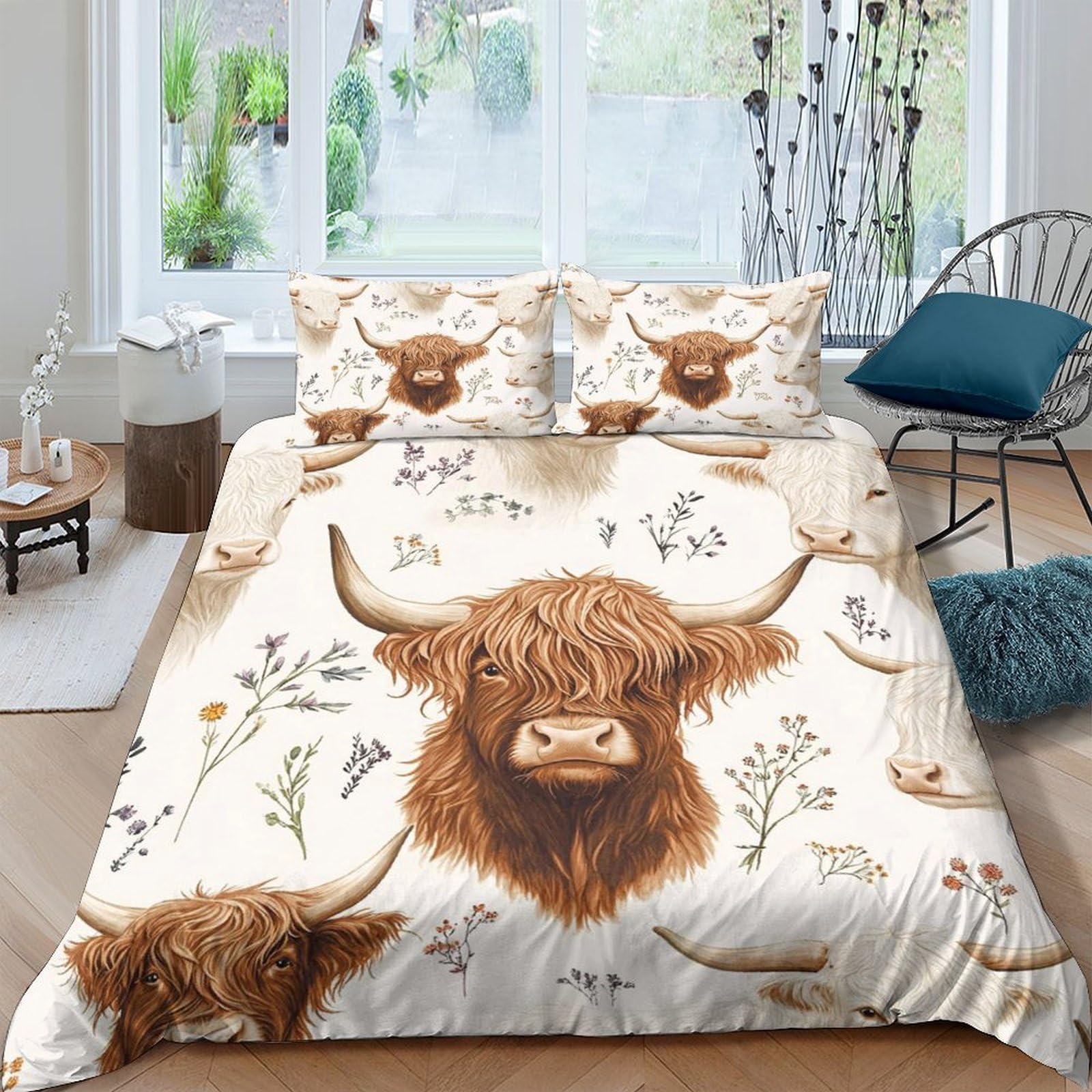 Ctjqhvkz Style-9 3D Printed Highland Cow Fitted Sheet Microfiber Soft Beige Floral Bed Sheet For Bedroom Guest Room Mattress Decor Single（135X200cm）