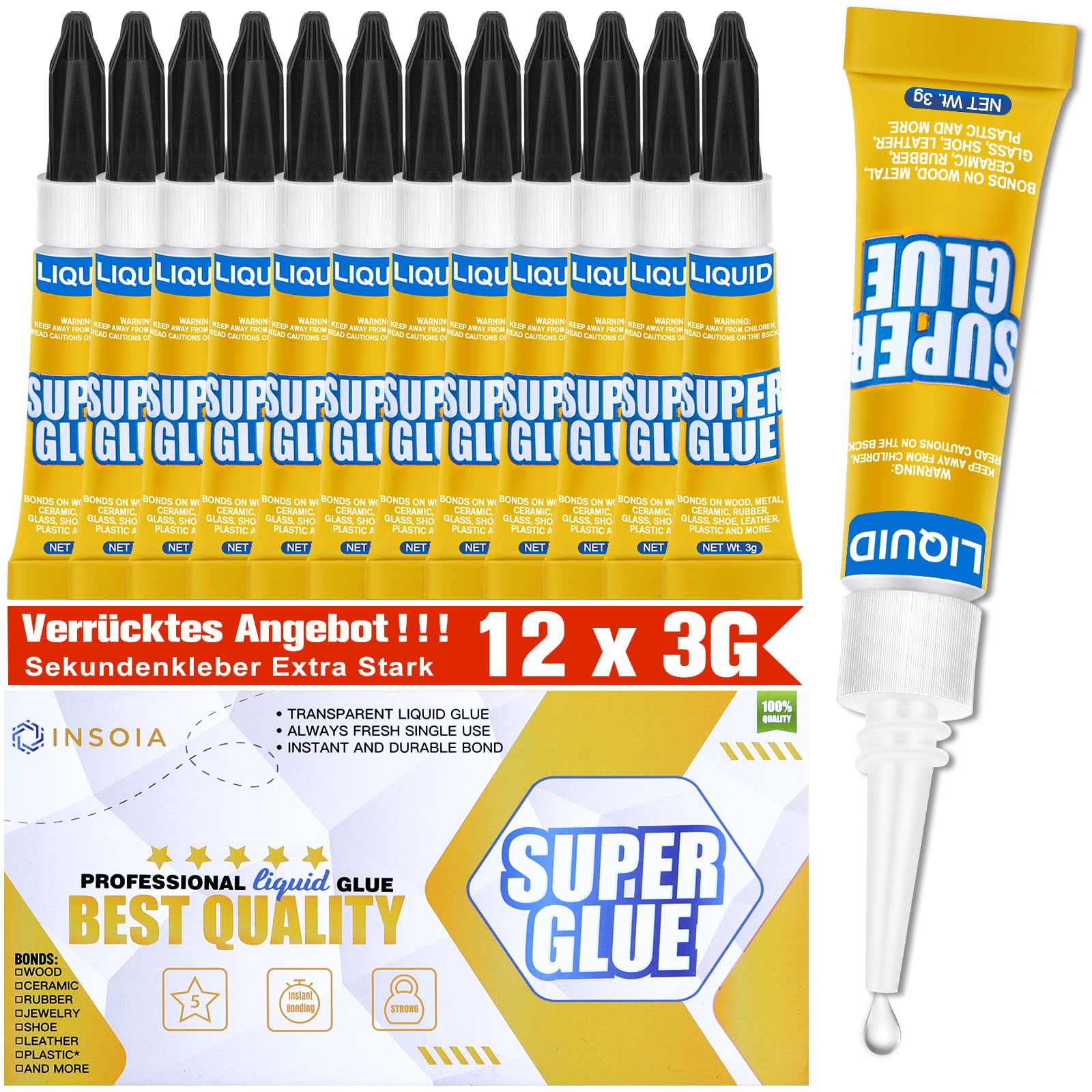 Sekundenkleber Flüssig (12er-Pack x 3g) – extra stark & wasserfest Superkleber für schnelle, flexible Sofortreparaturen, transparent kontakt Kleber für Kunststoff, Holz, Porzellan, Glas uvm.