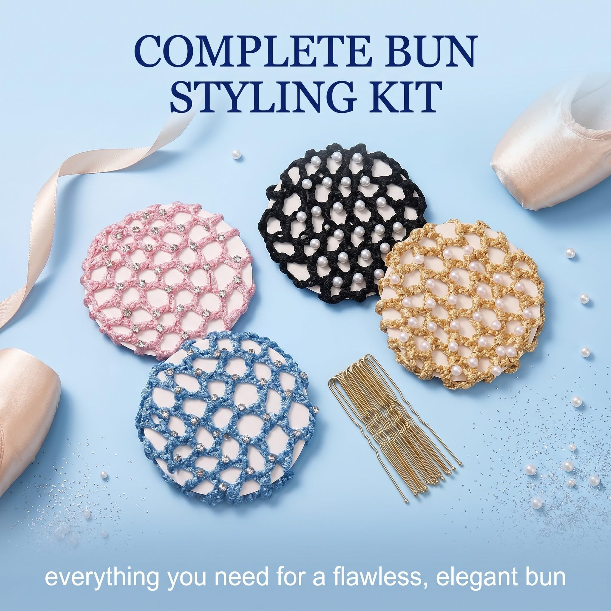 4 Pezzi Retine per Chignon Bambina e Donna con Perle e Brillantini, Include 50 Forcine a U Oro, Retina per Capelli Elastica per Danza Classica, Balletto, Pattinaggio e Equitazione (4 Colori)