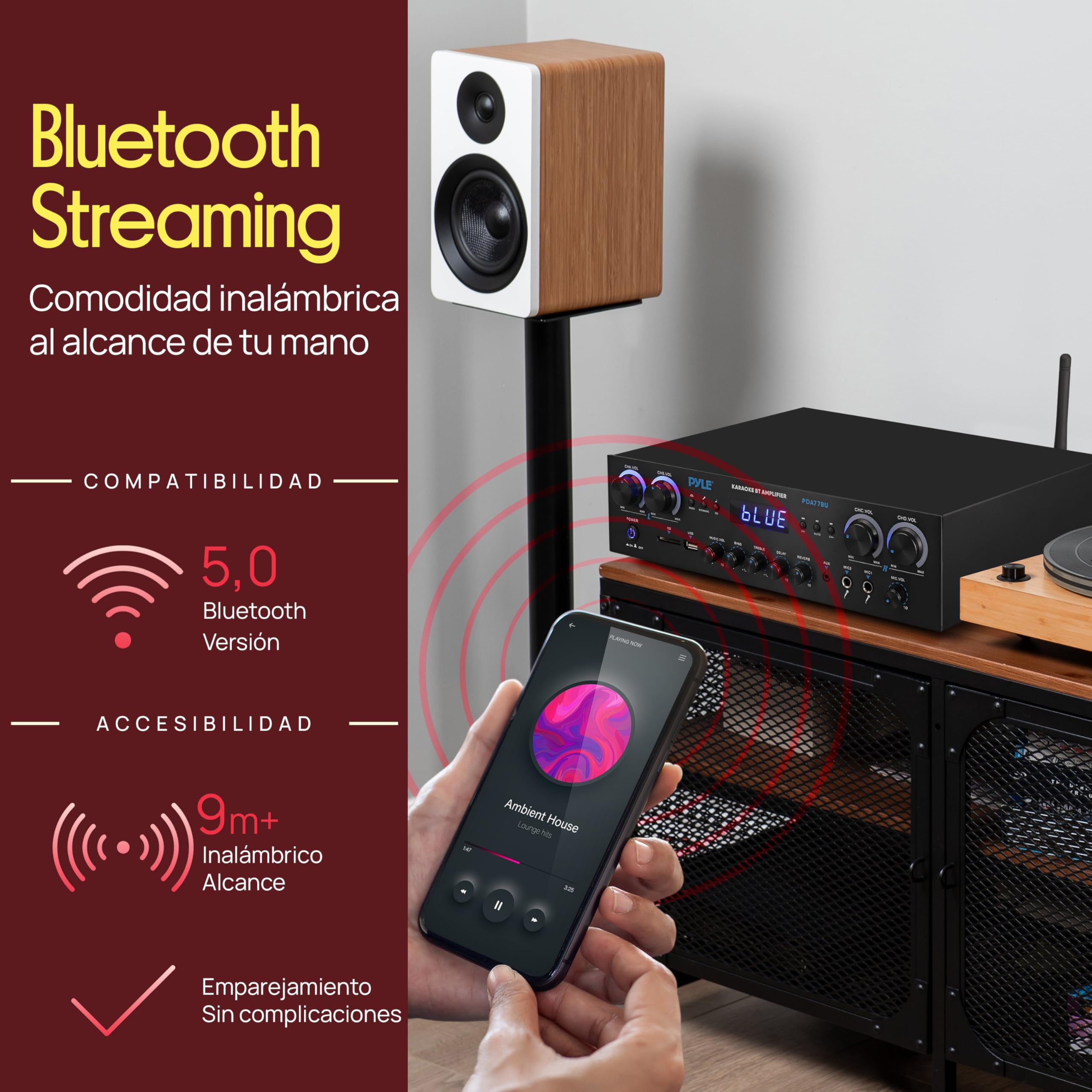 Pyle Amplificador de Cine en casa de 800 vatios, Receptor estéreo con transmisión Bluetooth, Control Independiente de Eco y Volumen de micrófono, MP3/USB/SD/AUX/radio FM
