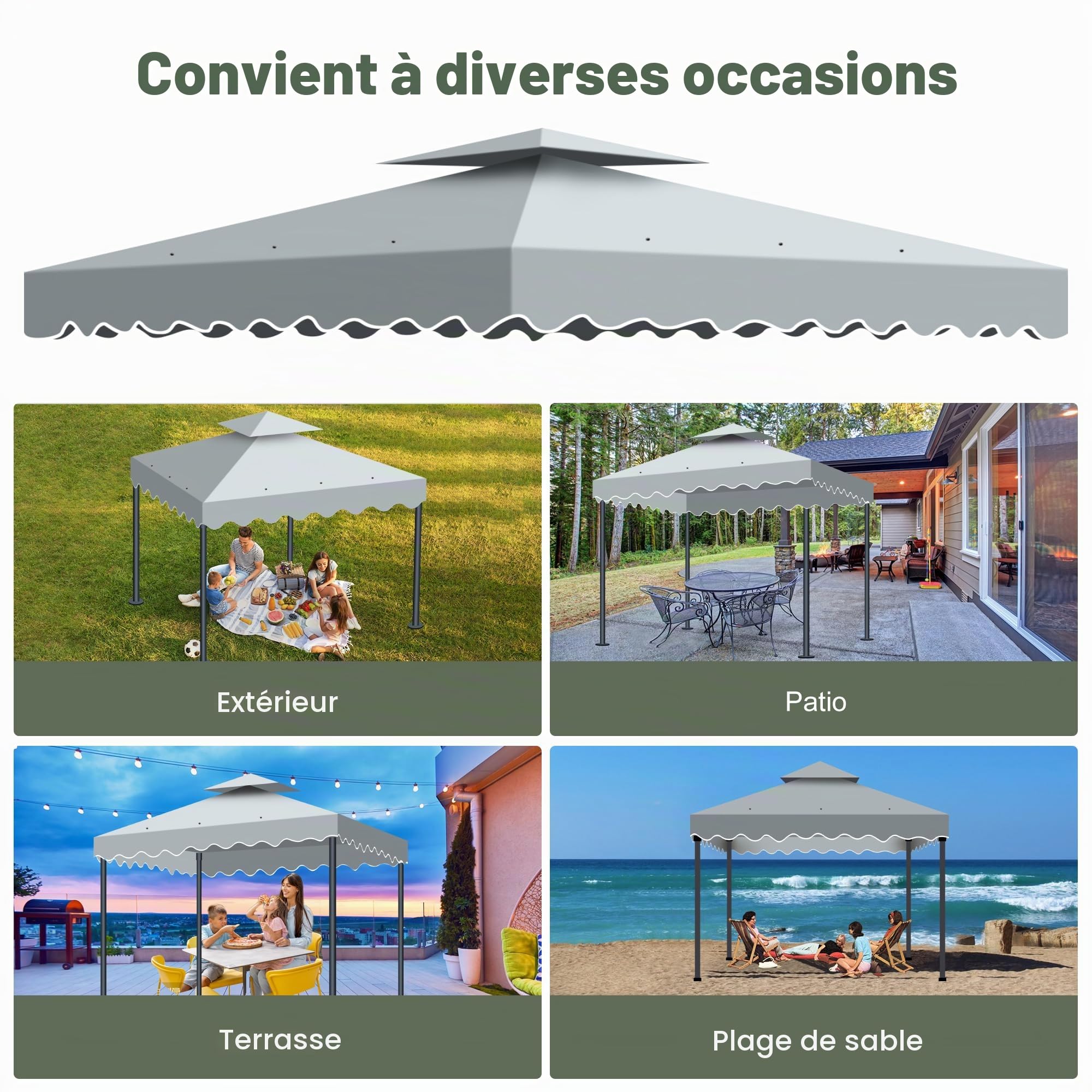 Toit de Remplacement pour Pavillon Pliant 3x3, Double Toit Imperméable avec Bord Ondulé et Protection UV UPF50+, Couverture Pergola Ventilée pour Jardin, Terrasse et Camping
