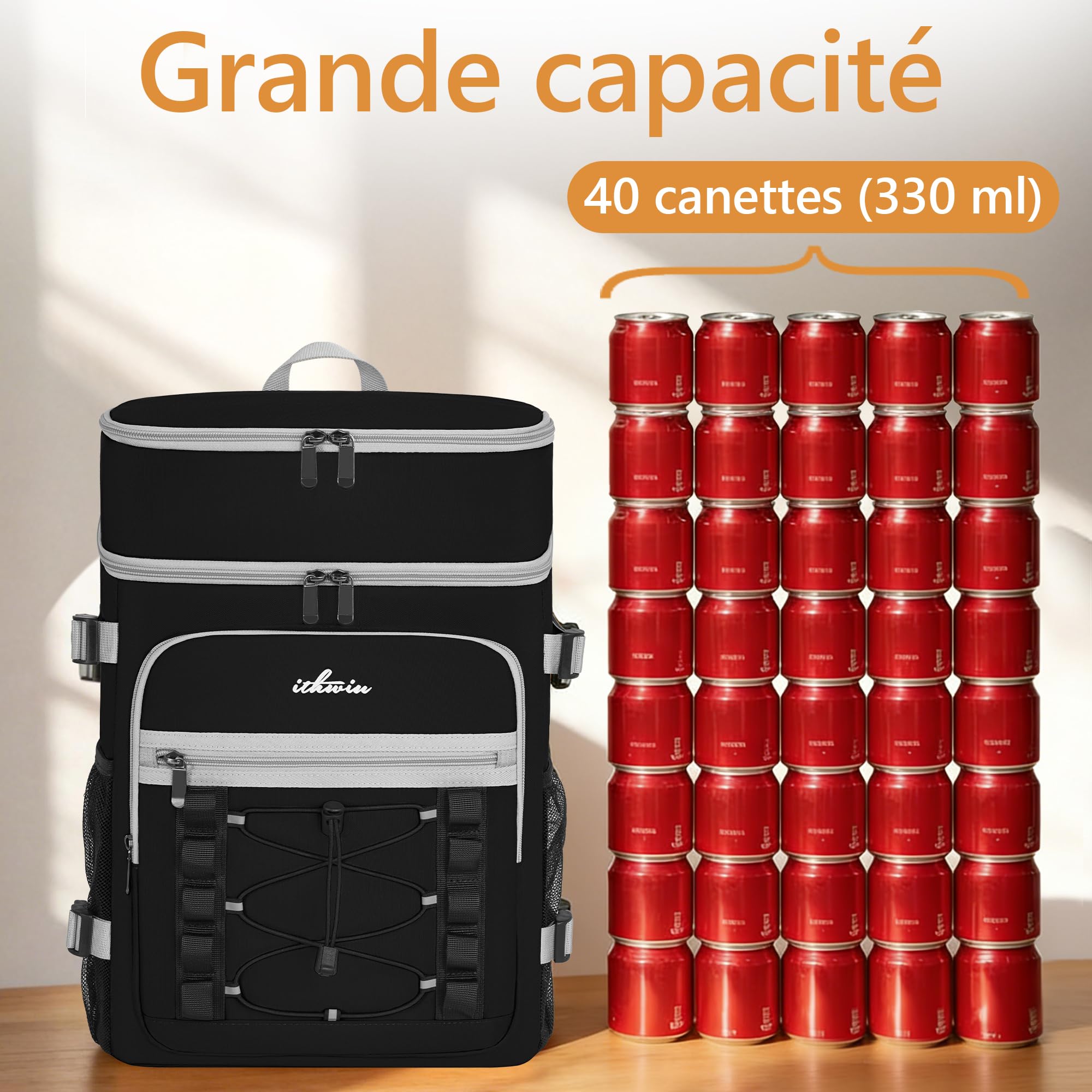 Sac à Dos Isotherme à Double Compartiment – Grande Capacité 28L pour Glacière Souple(Principal 22L + Secondaire 6L), Sac de Pique-Nique à Glacière Portable, pour Les Pique-Niques et Le Camping