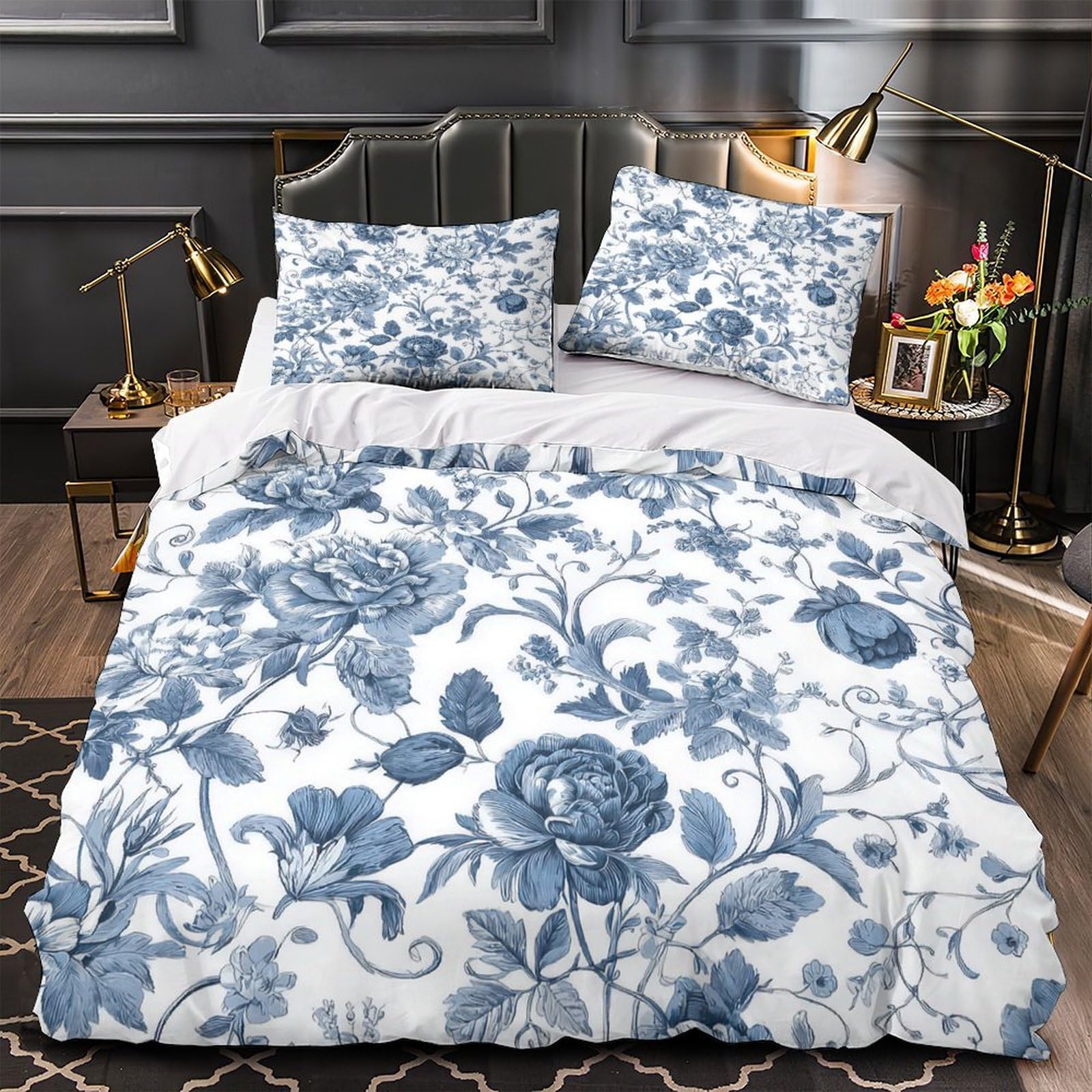 Housse de Couette Floral Bleu en Microfibre Hypoallergénique Lit Simple 135x200