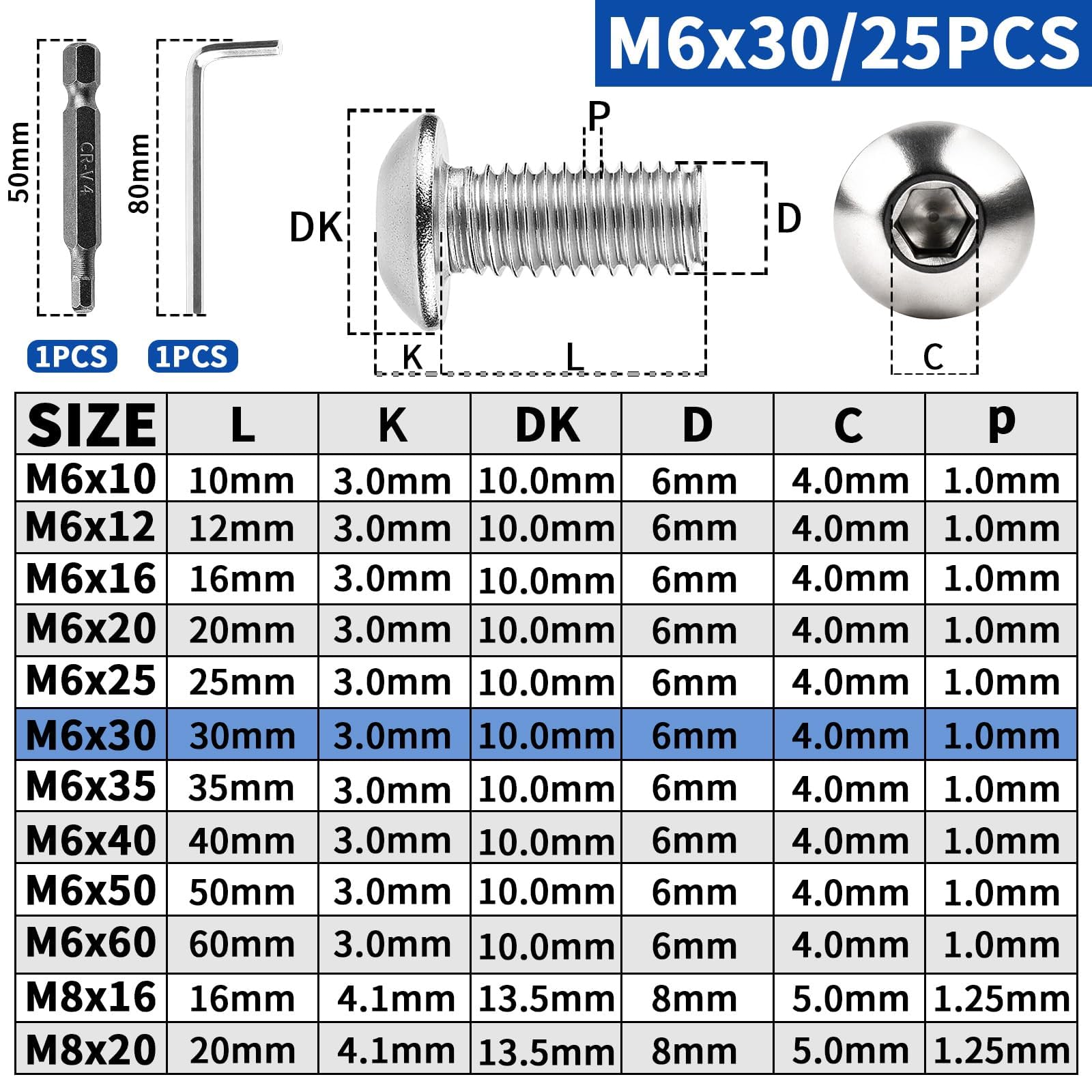 XRXYMQ M6 Bolts 25 Pcs Bolt M6 x 30 mm Hex Socket Button Head Screws Stainless Steel Bolts A2 Machine Screw for Home Furniture Wood Assembly Repair Industrial Electronic - Image 2