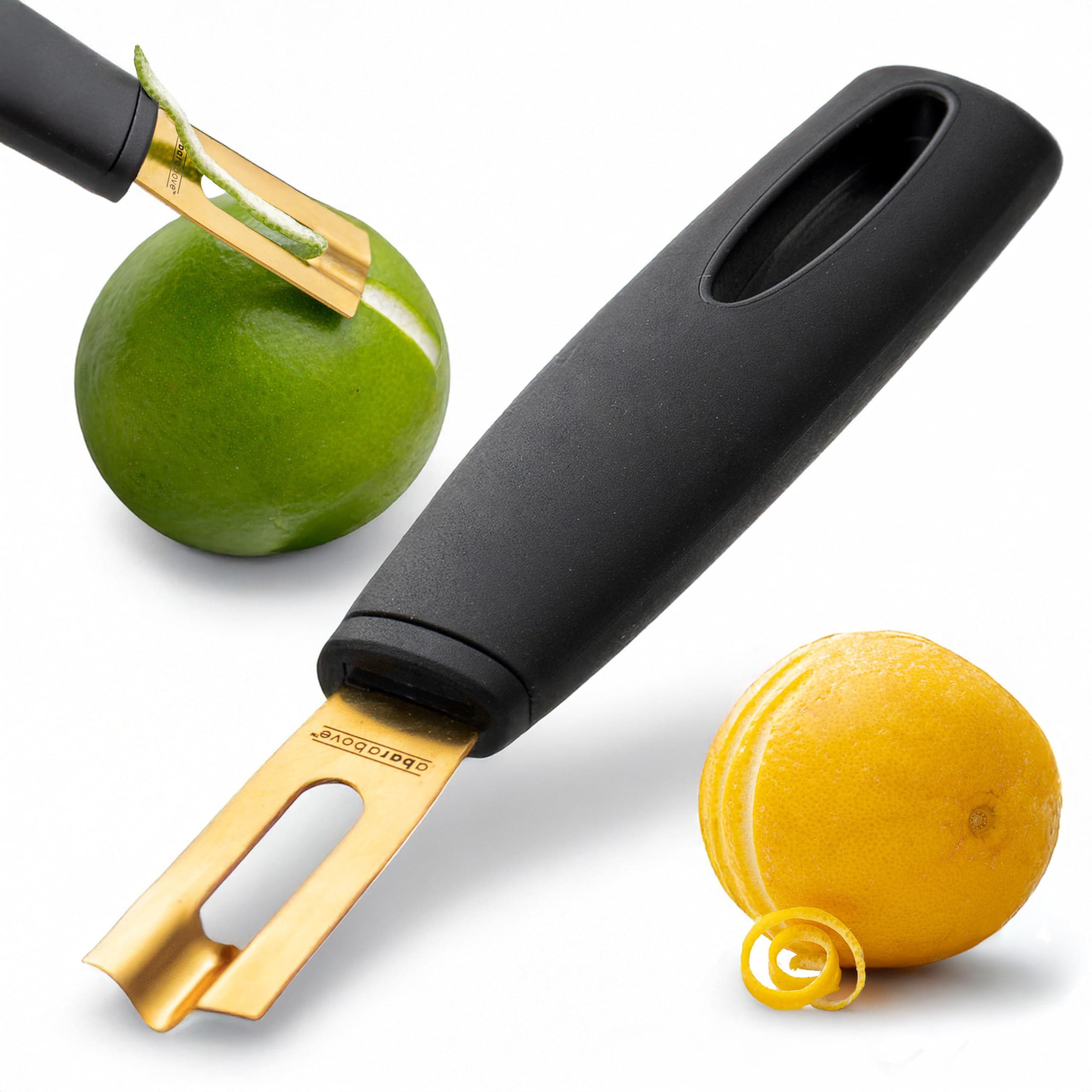 A Bar Above Black Handle Gold Blade Channel Knife, Premium Stainless Steel Garnish Tool for Cocktails, Citrus Peeler, Lemon Zester, Chef Tool for Garnishing and Drink Presentation
