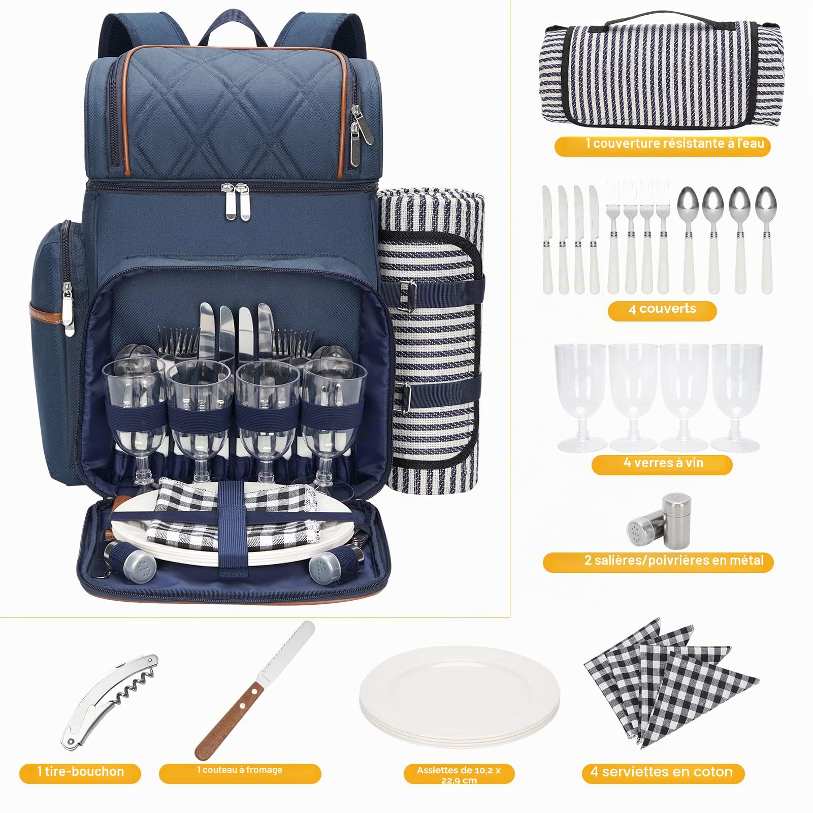 Sac à dos de pique-nique pour 4 personnes - Panier de pique-nique étanche - Sac à dos isotherme avec pochette isotherme pour vin - Couverture de pique-nique à double étage - Pour la plage, le camping