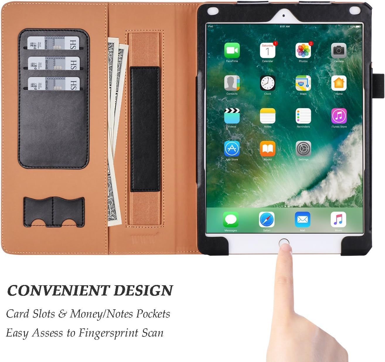 WWW iPad 9.7 2018/2017, iPad Air 2, iPad Air Case, [Luxury Laser Flower] Premium PU Leather Case Protective Cover with Auto Wake/Sleep for Apple iPad 9.7 2017/2018 and iPad Air 2/1 Black
