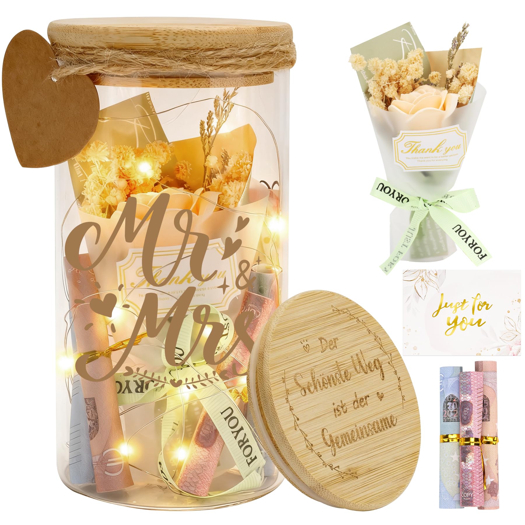 Personalisiert Geldgeschenke Spardose for Men Women mit Trockenblumen, Anhänger und Card