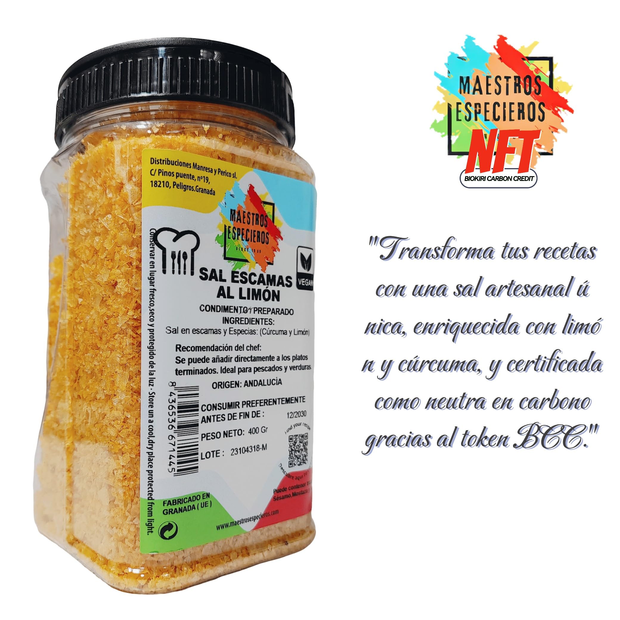 Sal en Escamas con Limón y Cúrcuma 400g – Maestros Especieros Gourmet Artesanal de Origen Andalucía – Sabor Intenso y Natural – Toque Exótico para tus Platos