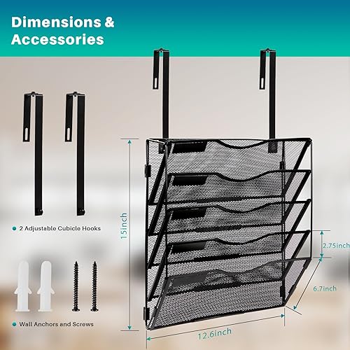 Miniatura 3 de Soporte de 5 bolsillos para archivar de pared, organizador de carpetas de archivos colgantes de malla, puerta desmontablerevistero de documentos de