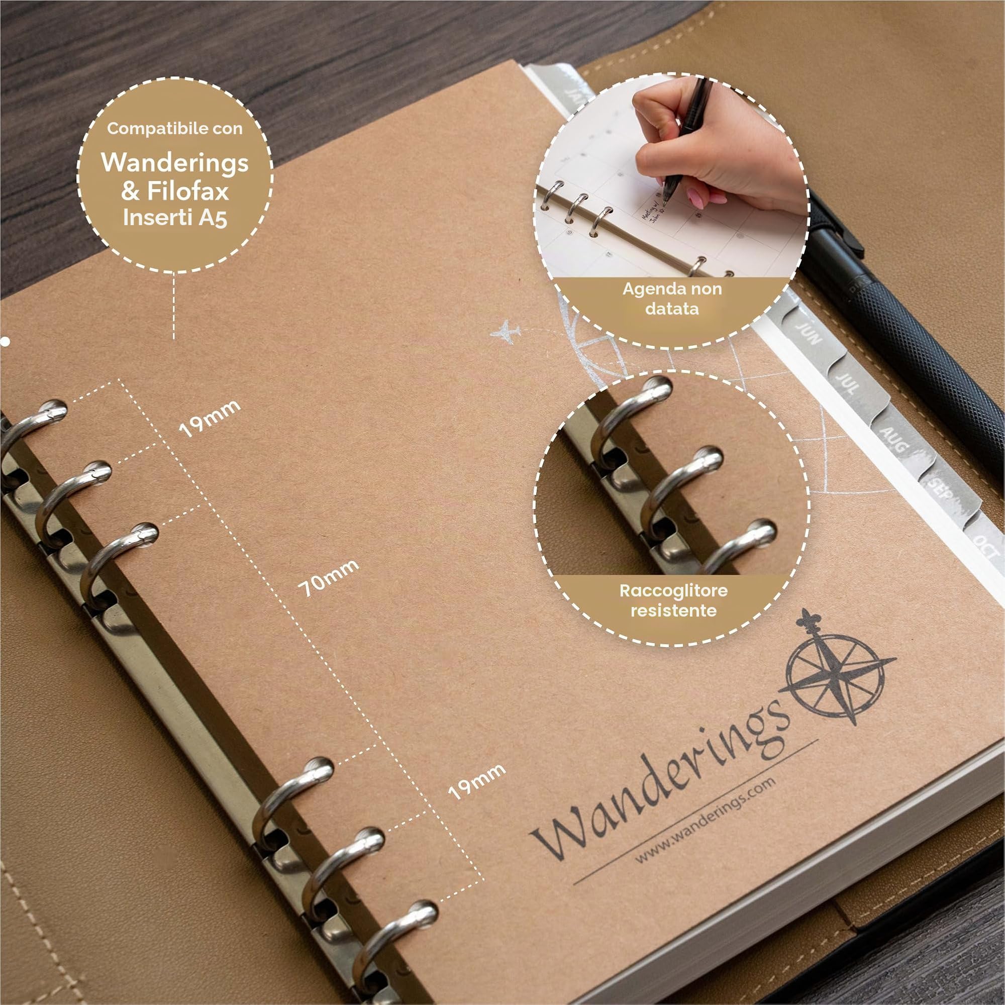 Wanderings Raccoglitore A5 a 6 Anelli in Pelle – Con Tasche Interne | Vera Pelle Pieno Fiore | Planner Non Datato 52 Settimane | Elegante, Ricaricabile e Funzionale