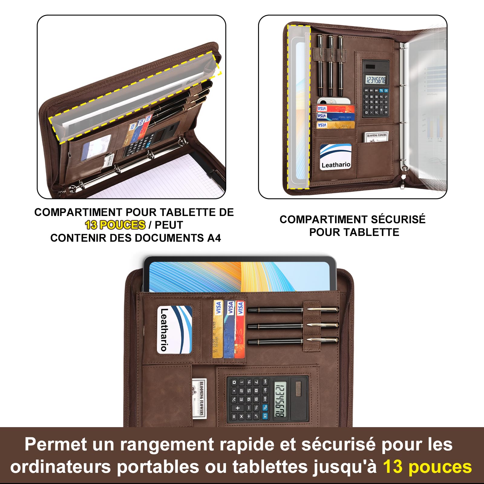 Leathario Porte Documents A4 avec Calculatrice, Portfolio avec Poignées Magnétiques en Simili Cuir, Organiseur de Conférences 4 Reliures à Anneaux, 10 Feuilles Classeuses Souples Offertes et 1 Stylo