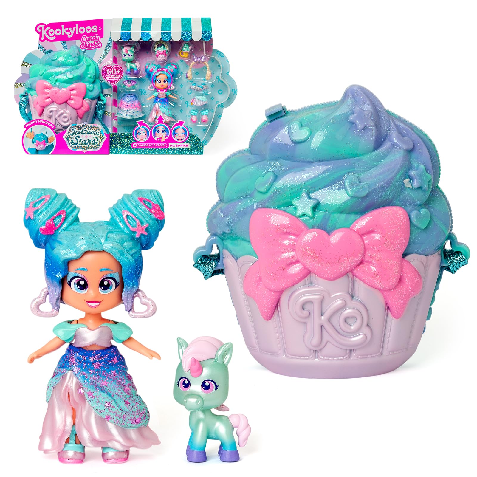 KOOKYLOOS CANDY LAND ICE CREAM STARS – 3 w 1 słodka stylowa lalka,zawartość:1 laleczka,3 stroje,2 pary bucików, mały jednorożec,przekąska, akcesoria Mix&Match i niebiesko-turkusowa torebka babeczka.