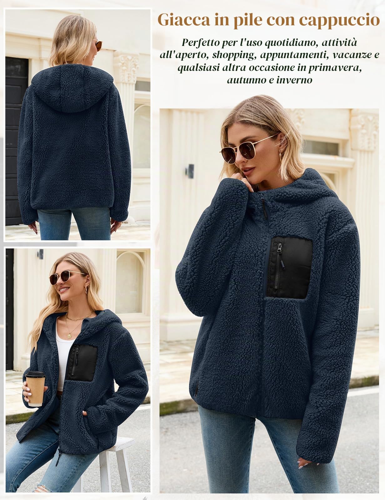 Felpa Pile Donna Lungo Felpe con Cappuccio Giacca Caldo Cappotto Invernale Giaccone Giubbino Cappotti Termica Sweatshirt Pile Donna con Zip Tasche
