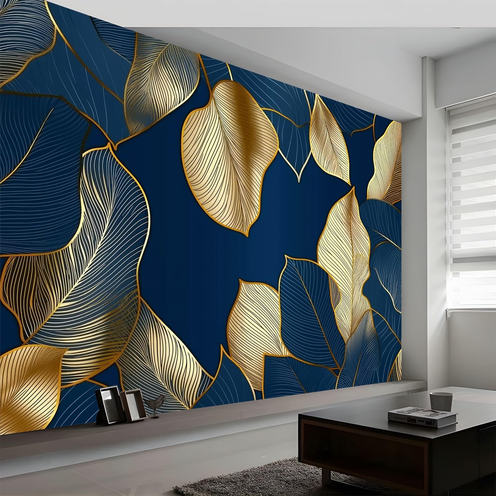 Generico Fototapeta 400 x 280 cm Luksusowe liście złote linie tapeta z włókniny krajobraz | Fototapeta fotograficzna TNT salon, niebieska