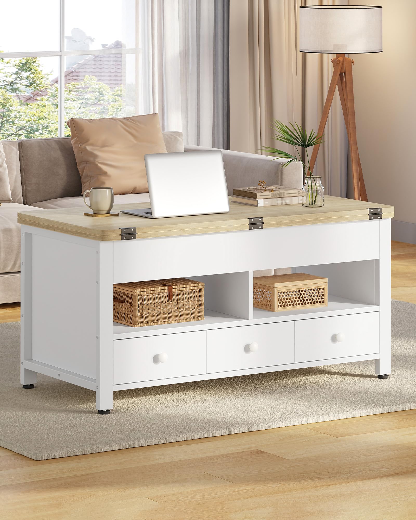 Hzuaneri Couchtisch, Höhenverstellbarer Wohnzimmertisch mit 3 Schubladen und 2 Fächer, 50 × 100 × 45 cm, Kaffeetisch Fach Umwandelbar in Esstisch, für Wohnzimmer, Homeoffice, Weiß-Eichefarben CT22231W